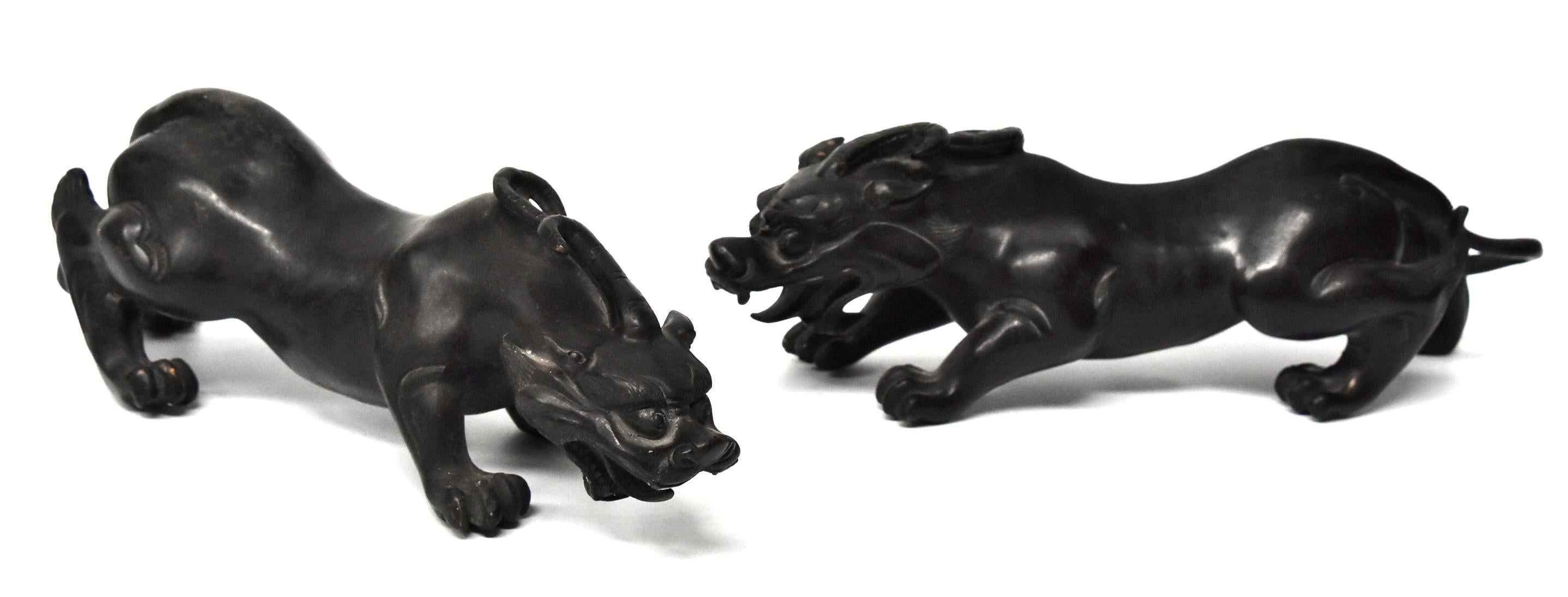 Chinese Pair of Solid Black Bronze Pi Xiu Lions Paperweights