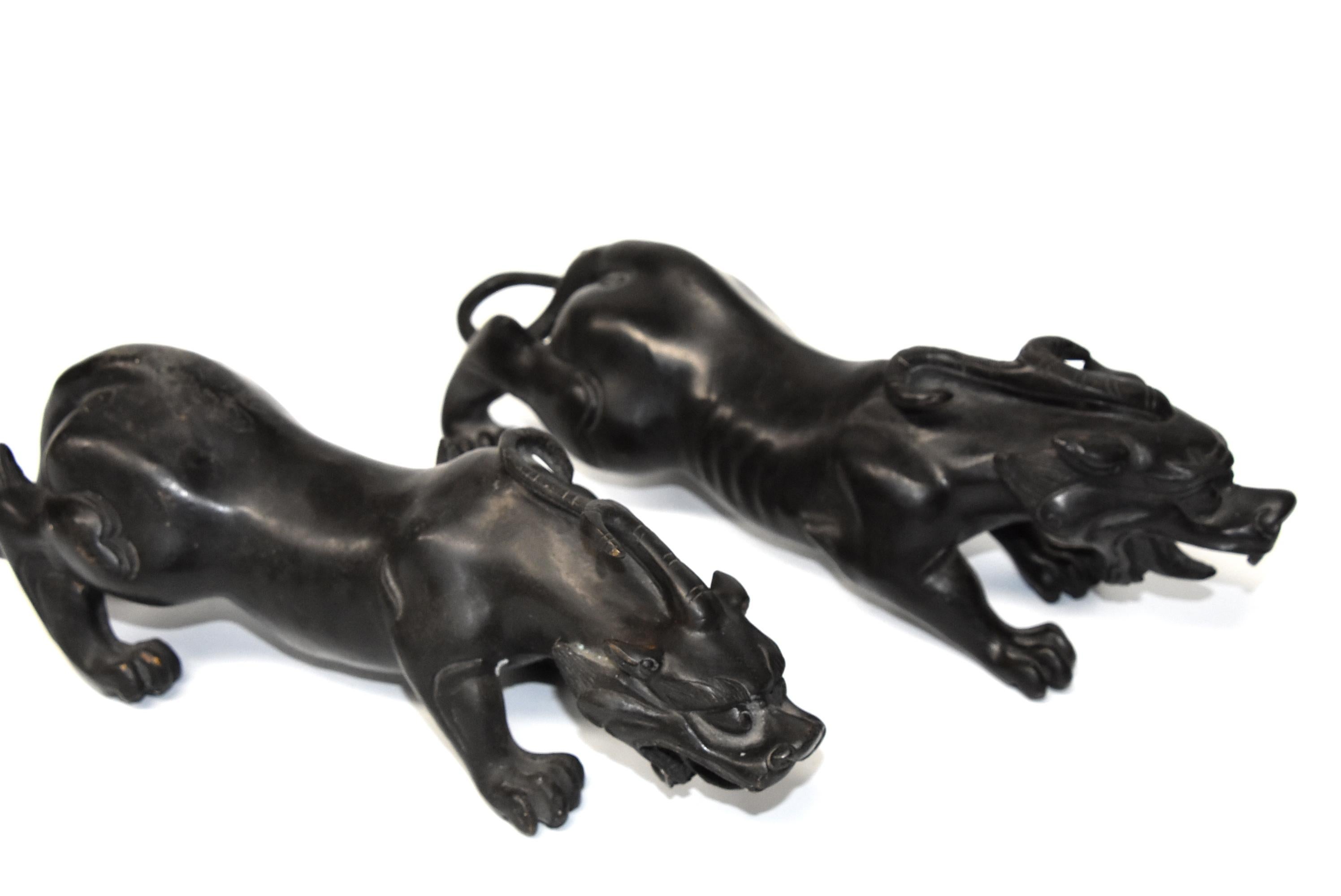 Pair of Solid Black Bronze Pi Xiu Lions Paperweights 3