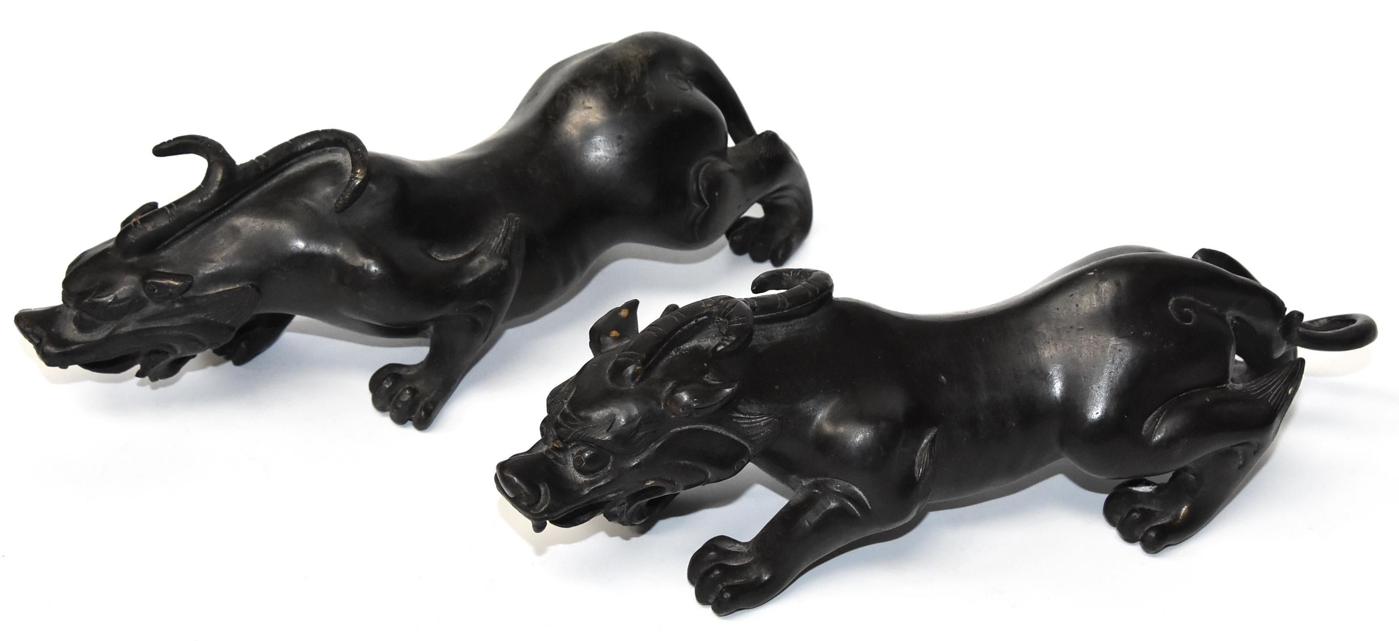Pair of Solid Black Bronze Pi Xiu Lions Paperweights 4