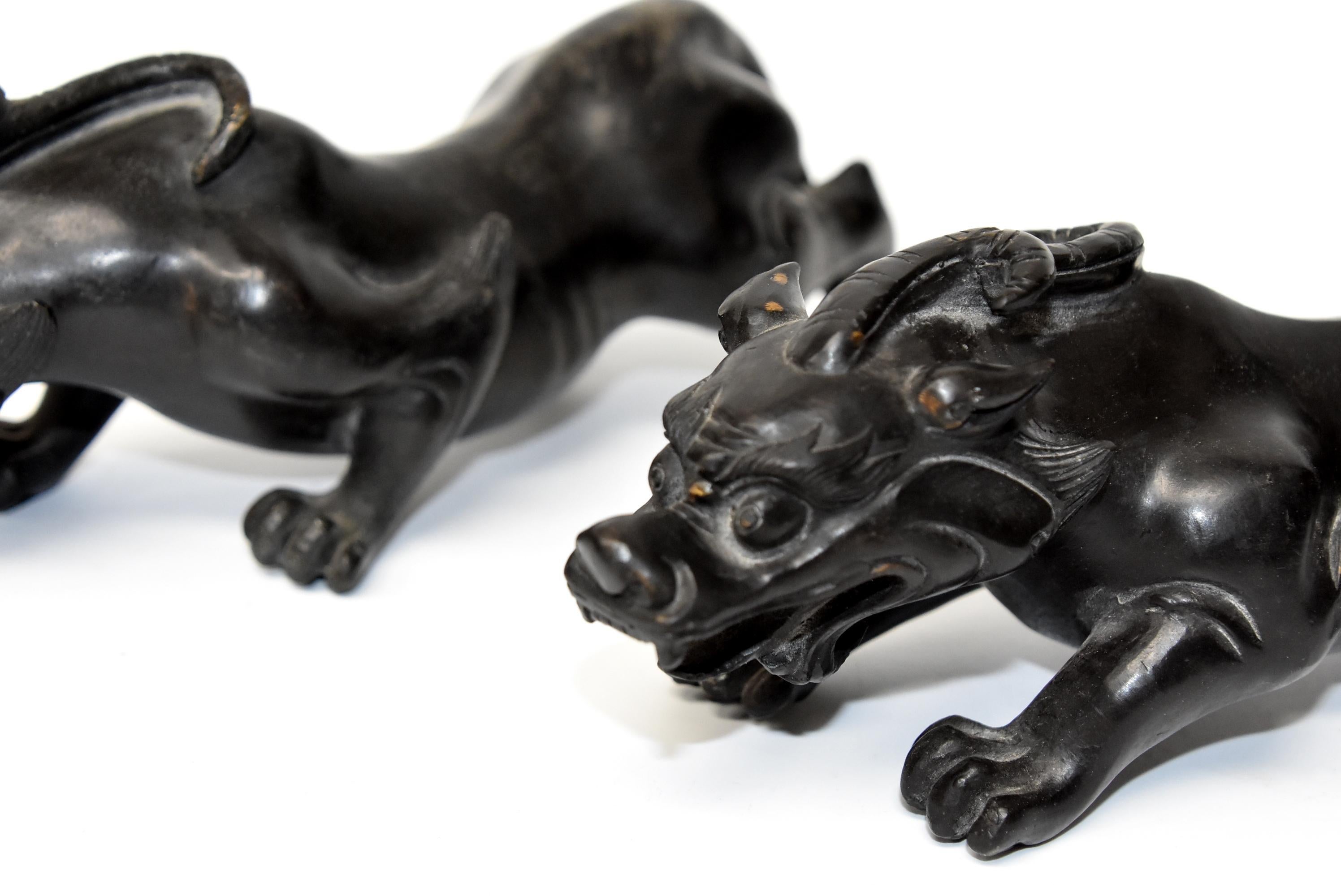 Pair of Solid Black Bronze Pi Xiu Lions Paperweights 5