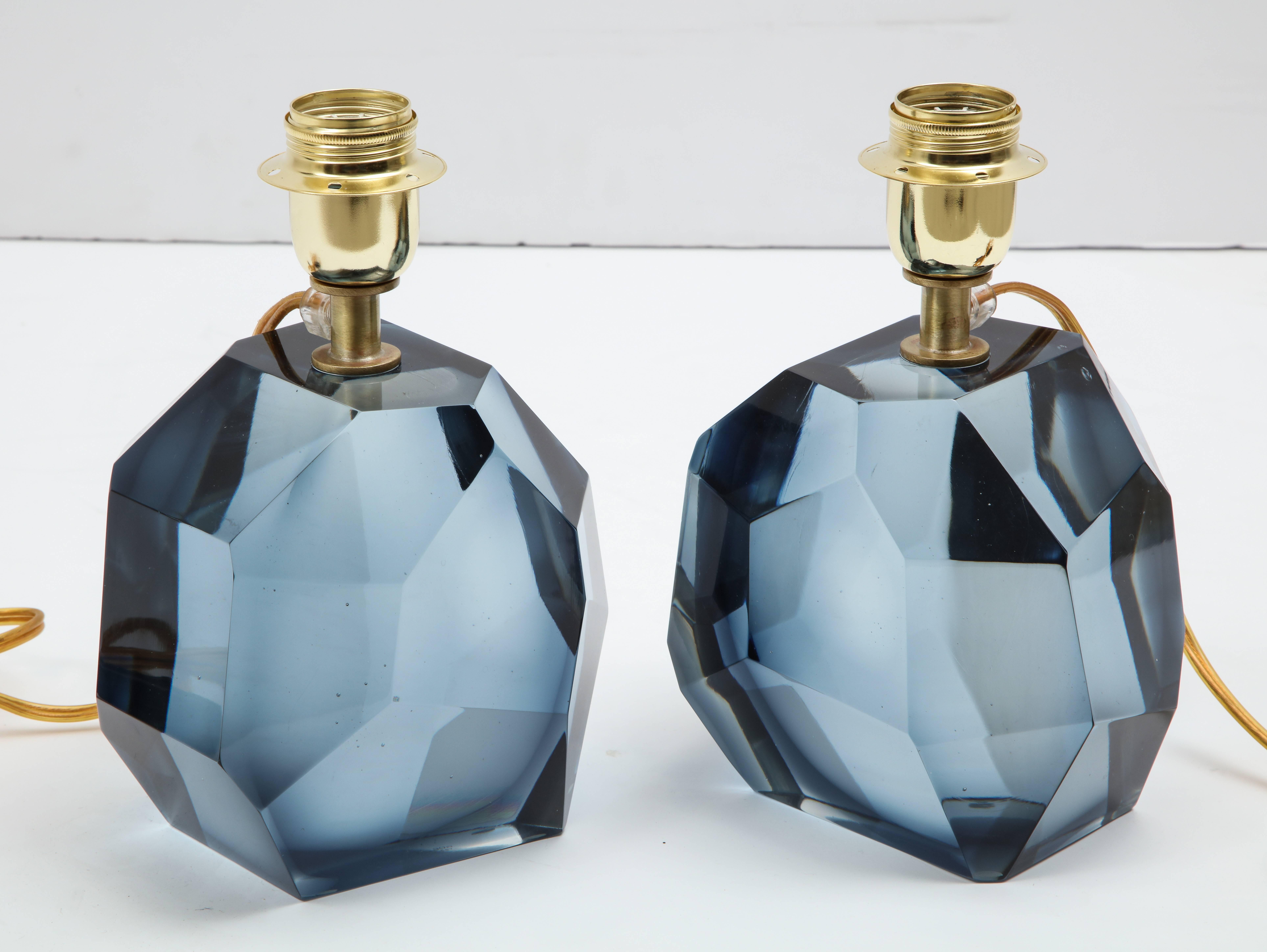 Contemporary Pair of Solid Blue Gray Murano Glass Lamps in the Style of Roberto Rida, Signed
