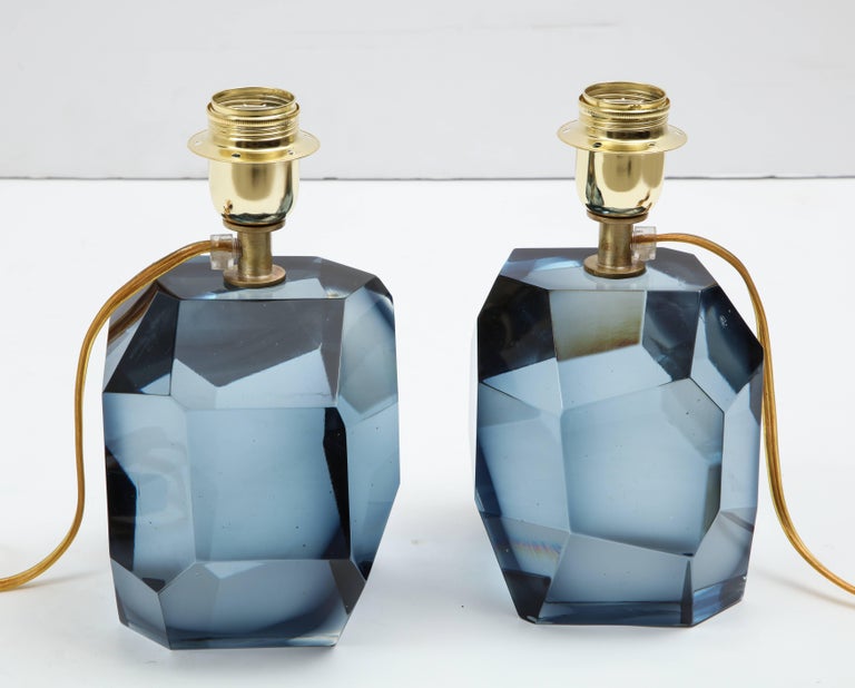 Pair of Solid Blue Gray Murano Glass Lamps in the Style of Roberto Rida ...