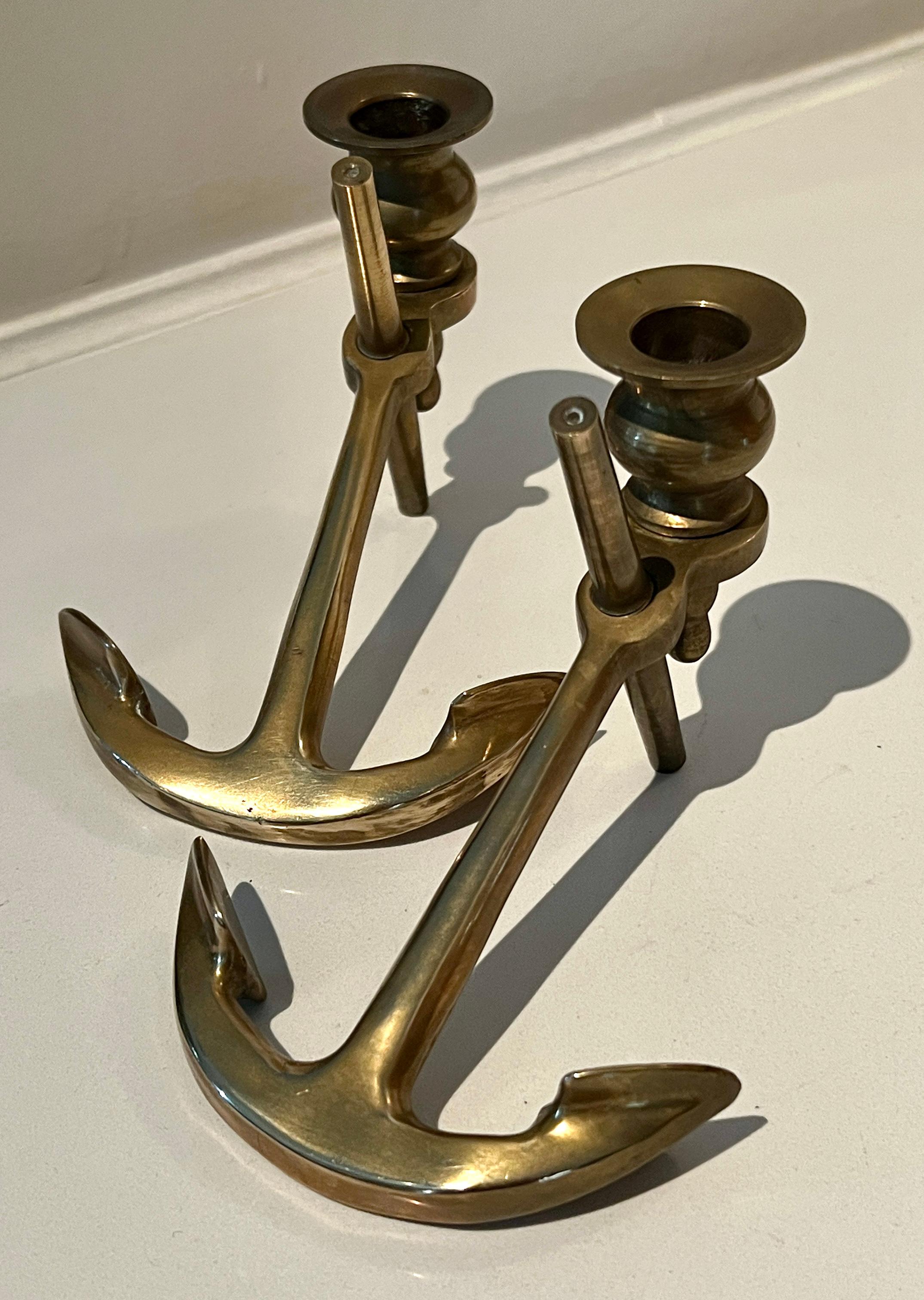 Mid-Century Modern Pair of Solid Brass Anchor Candlesticks For Sale
