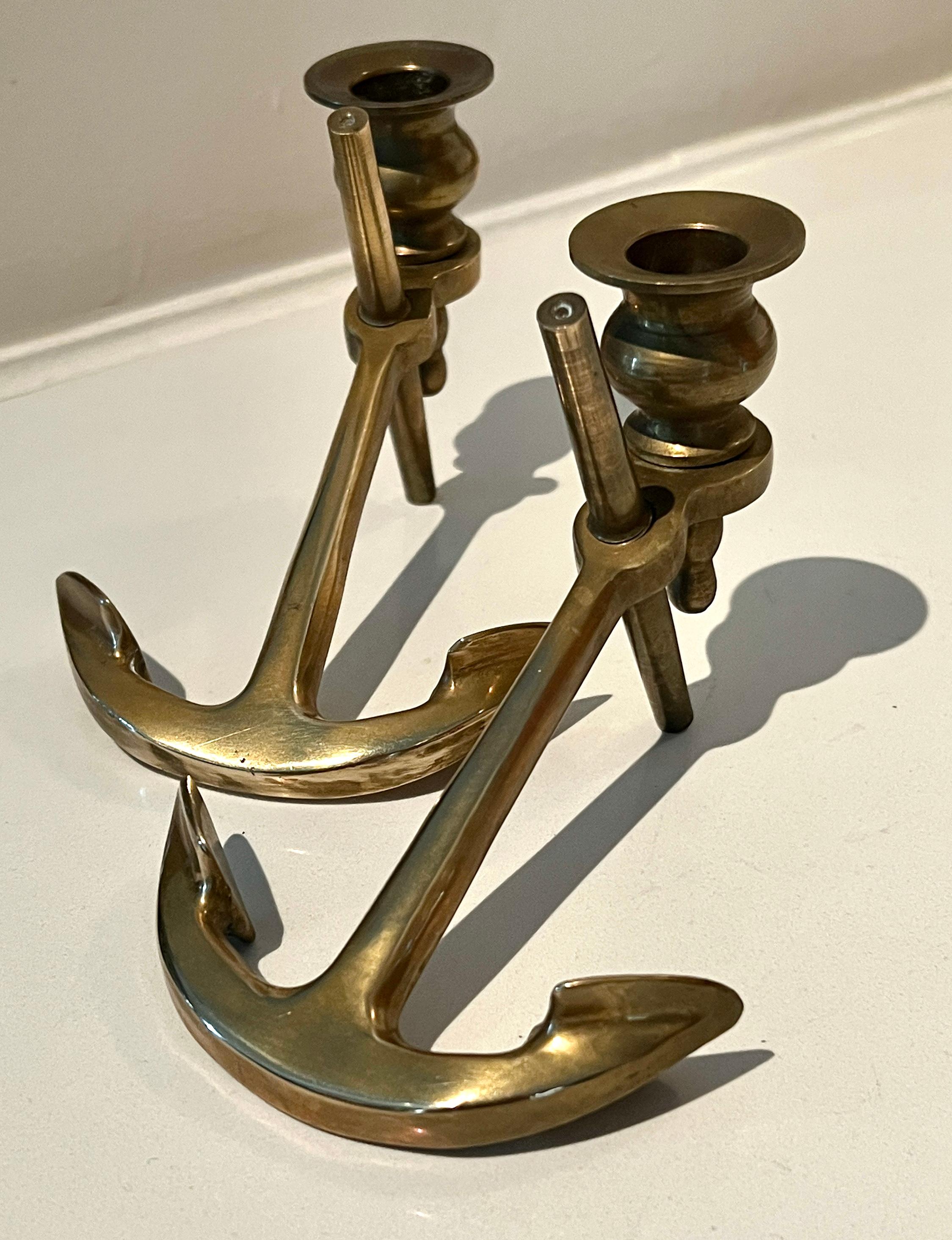 Patinated Pair of Solid Brass Anchor Candlesticks For Sale