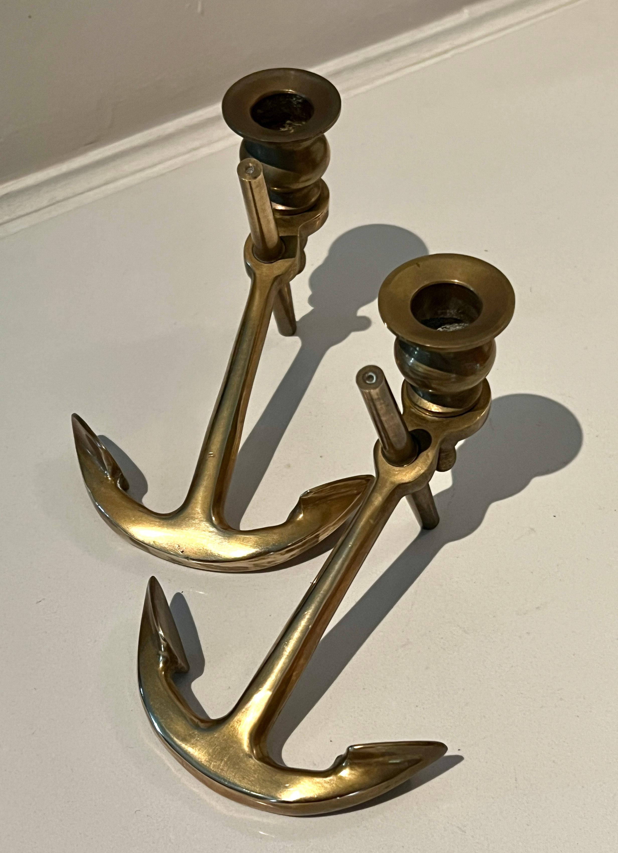 Pair of Solid Brass Anchor Candlesticks In Good Condition For Sale In Los Angeles, CA