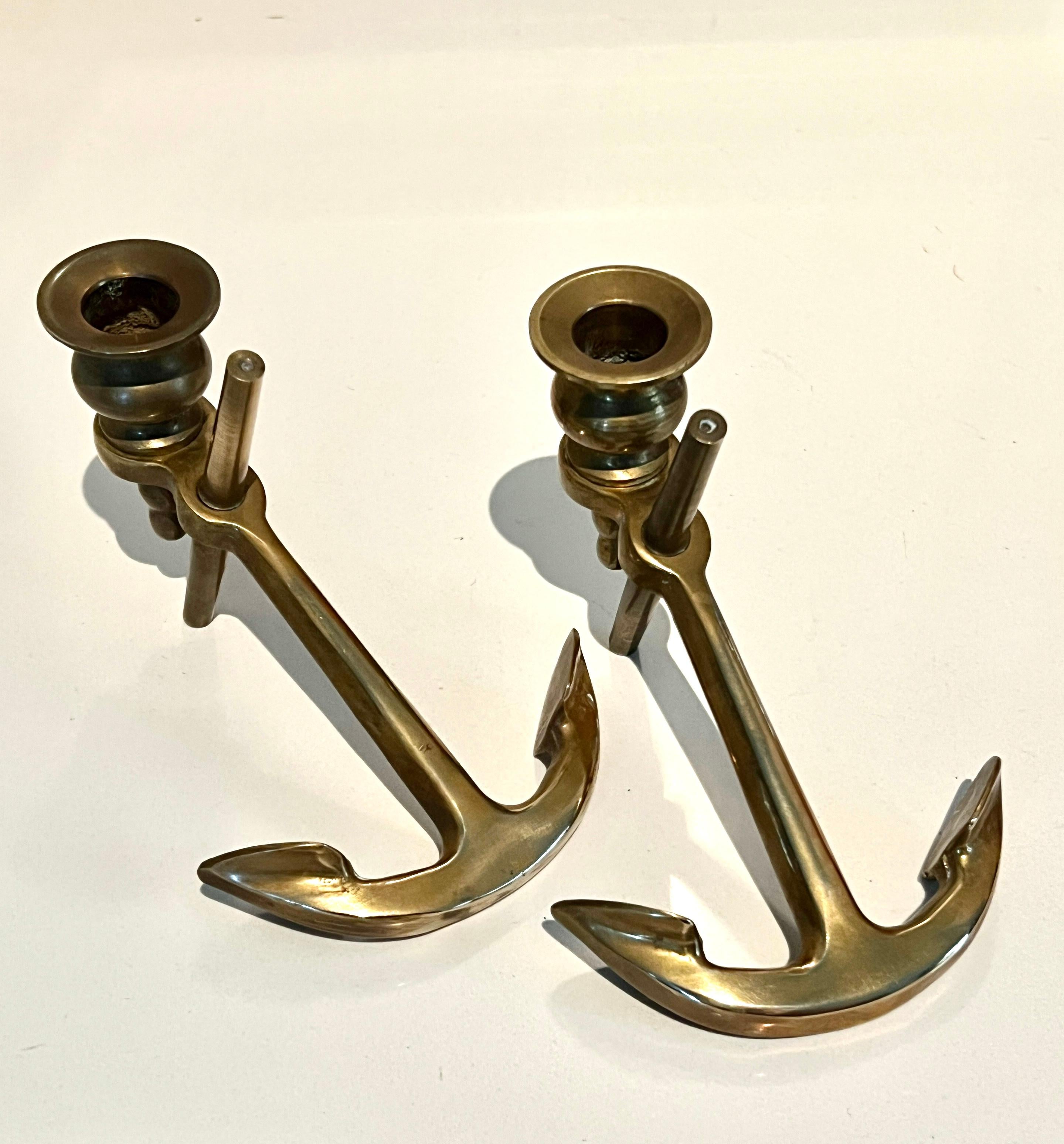 20th Century Pair of Solid Brass Anchor Candlesticks For Sale