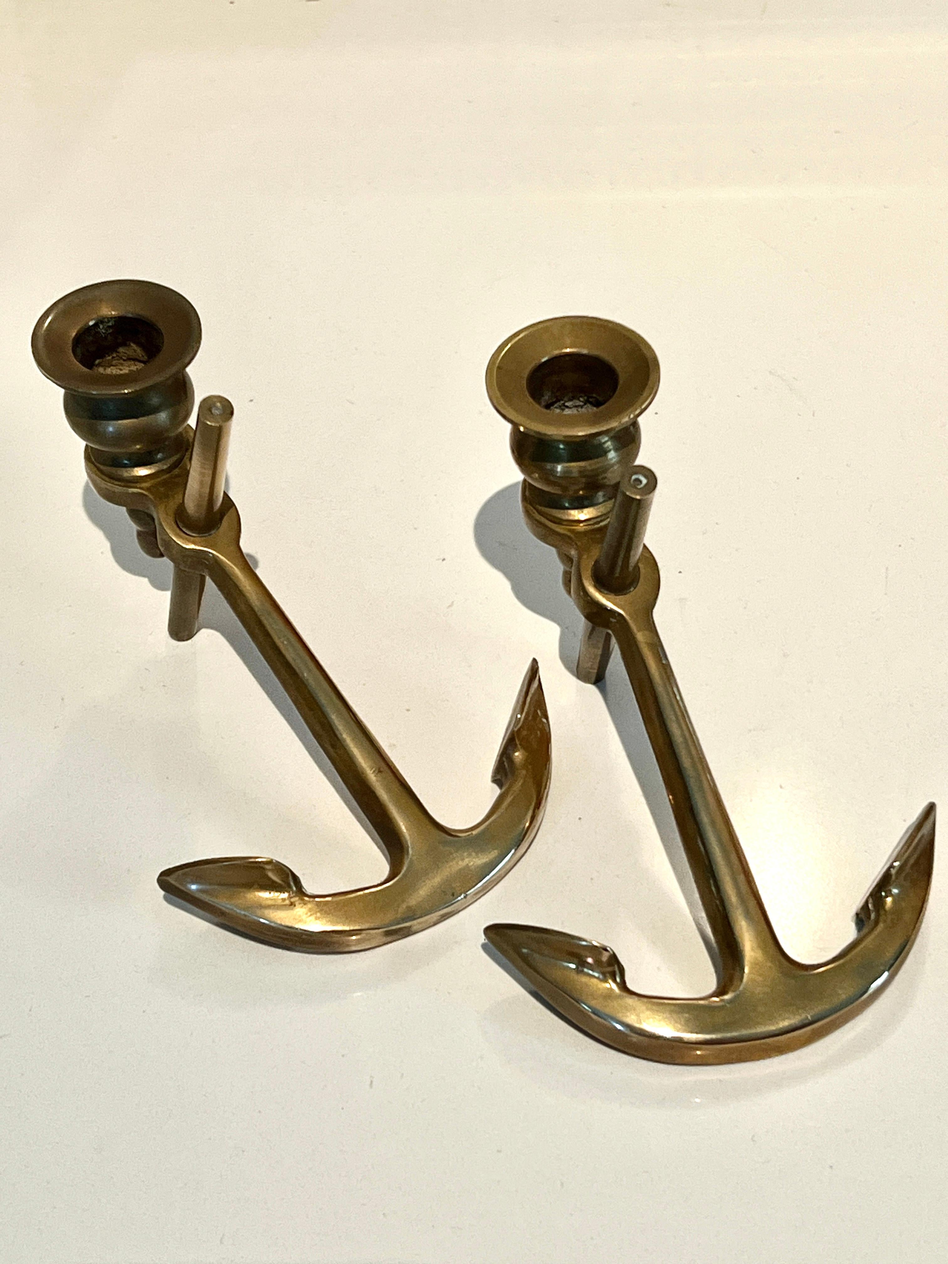 Pair of Solid Brass Anchor Candlesticks For Sale 1