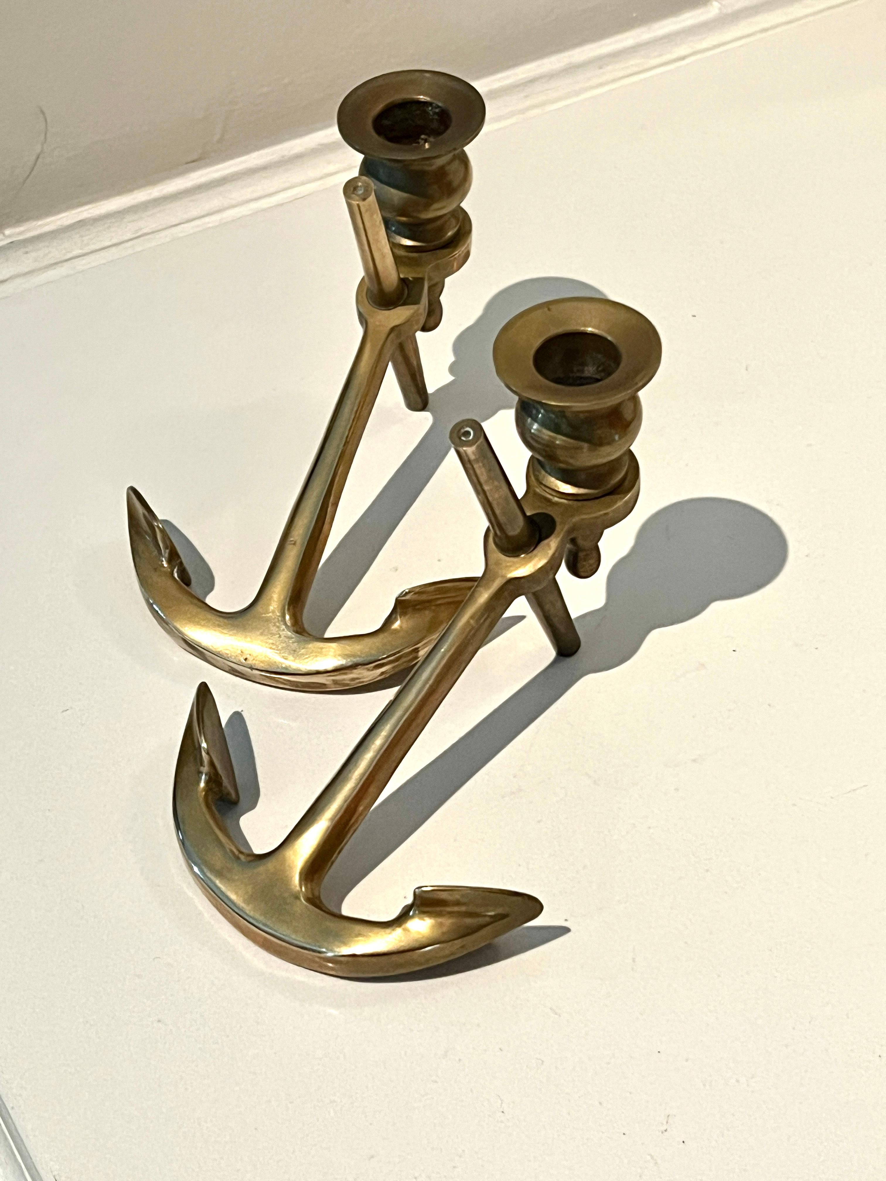 Pair of Solid Brass Anchor Candlesticks For Sale 2