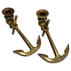 Pair of Solid Brass Anchor Candlesticks