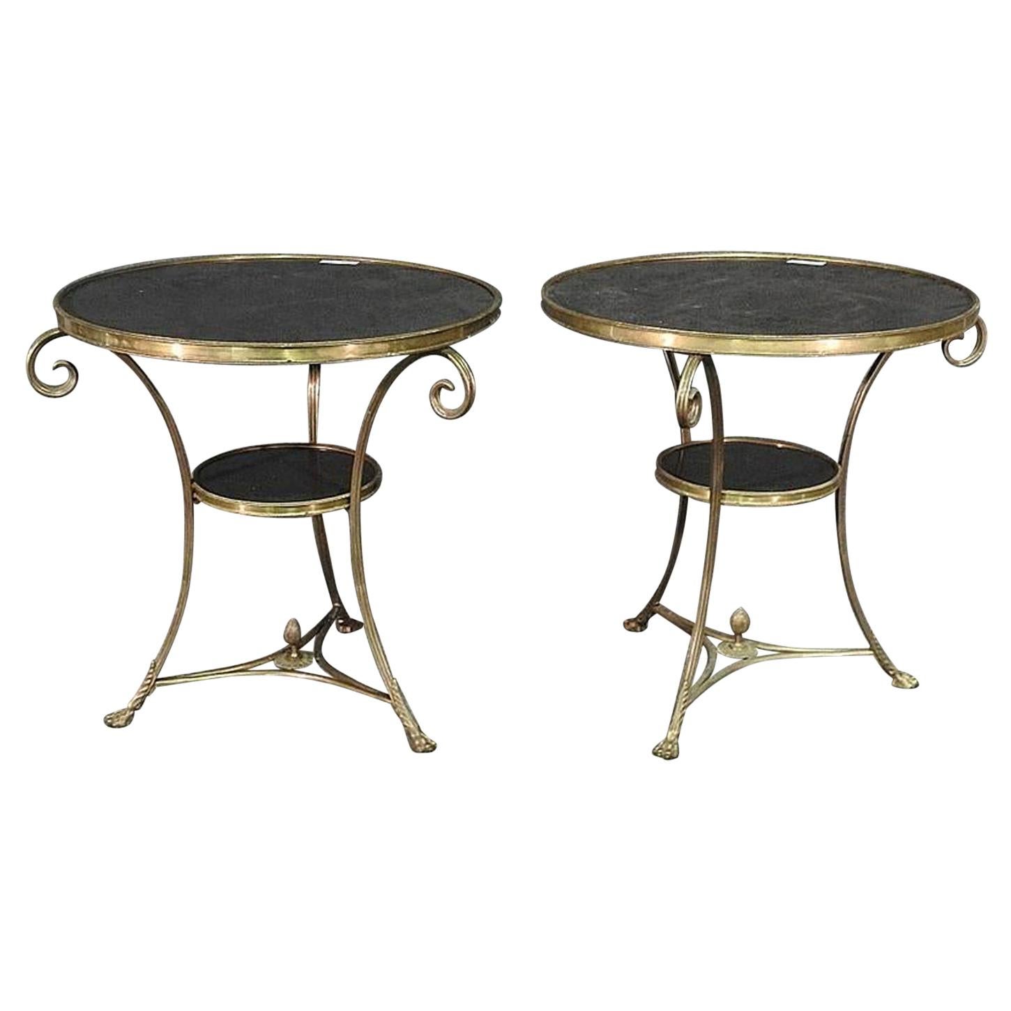 Pair of Solid Brass and Black Granite French Louis XV Style Gueridons End Tables