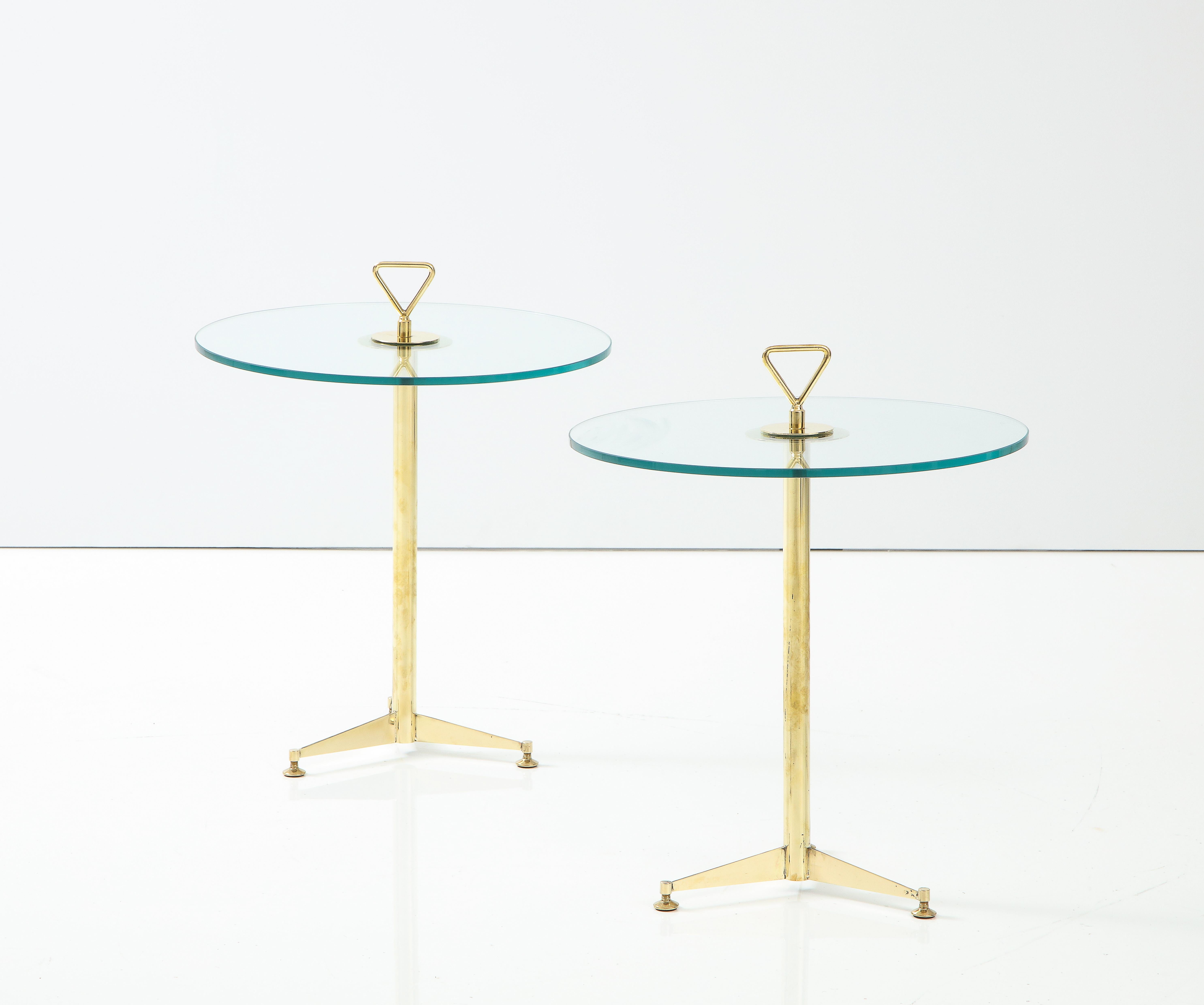 Pair of Solid Brass and Clear Glass Tripod Martini Side Tables, Italy 2