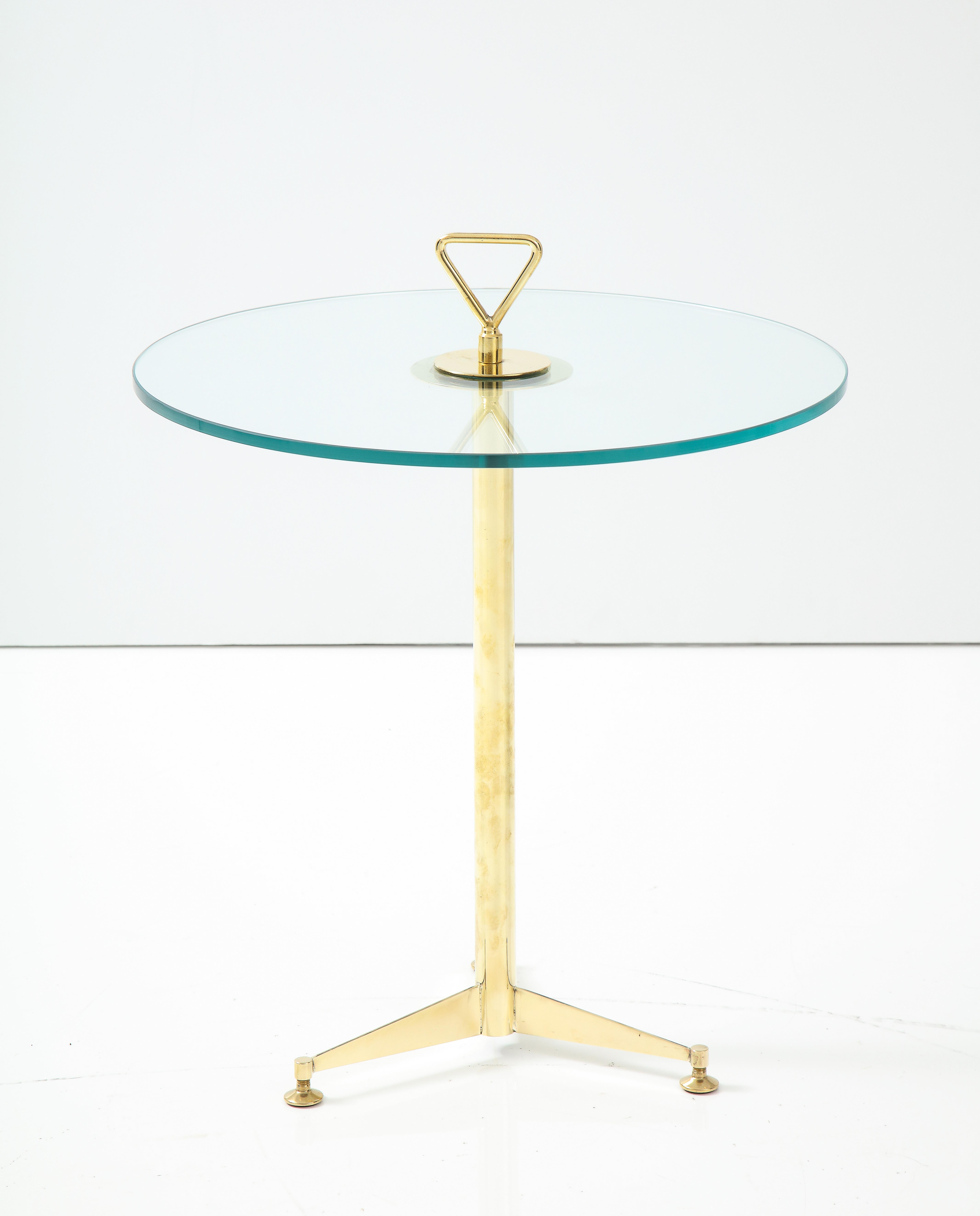 Pair of Solid Brass and Clear Glass Tripod Martini Side Tables, Italy 3