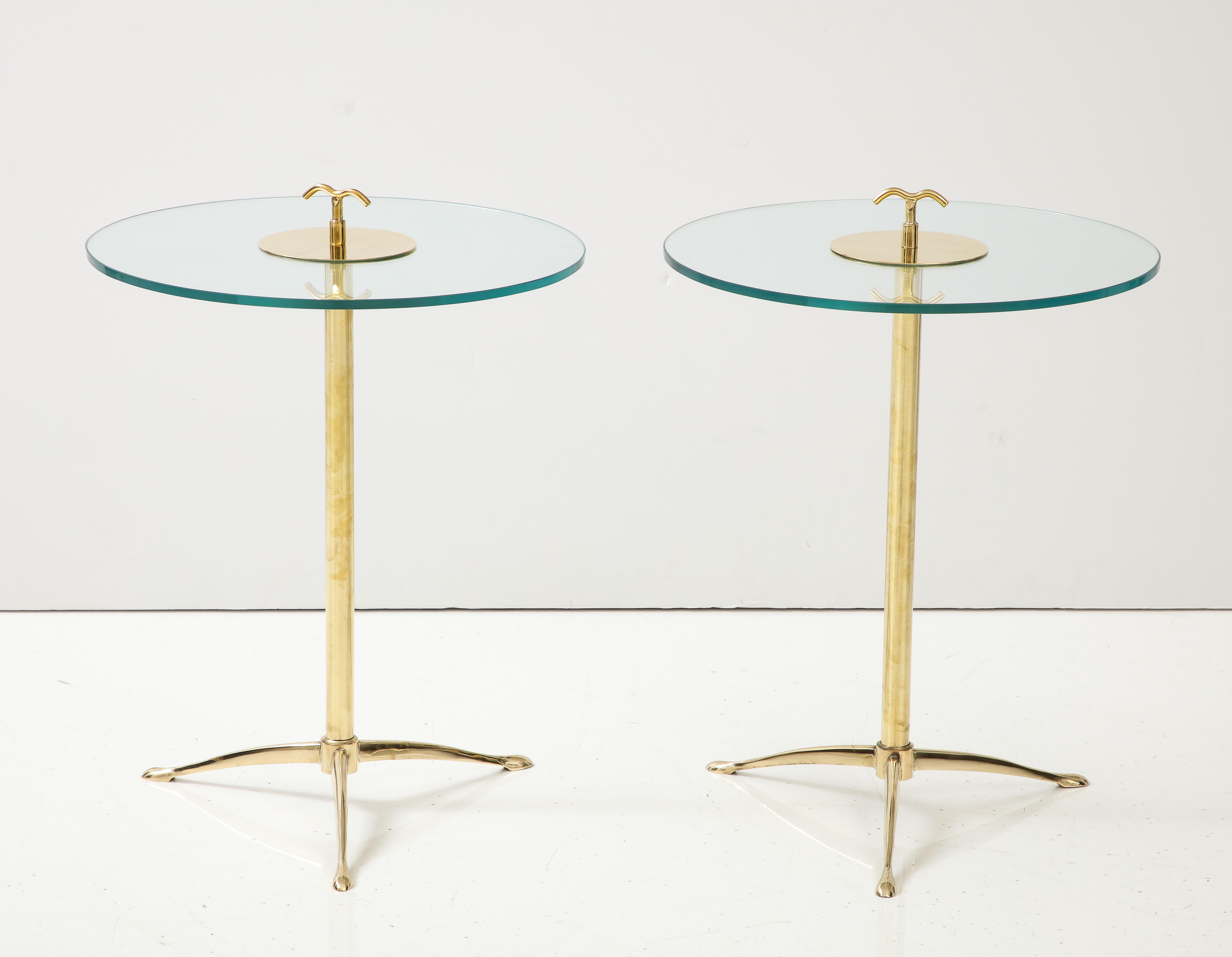 Pair of Solid Brass and Clear Glass Tripod Martini Drinks Side Tables, Italy 1