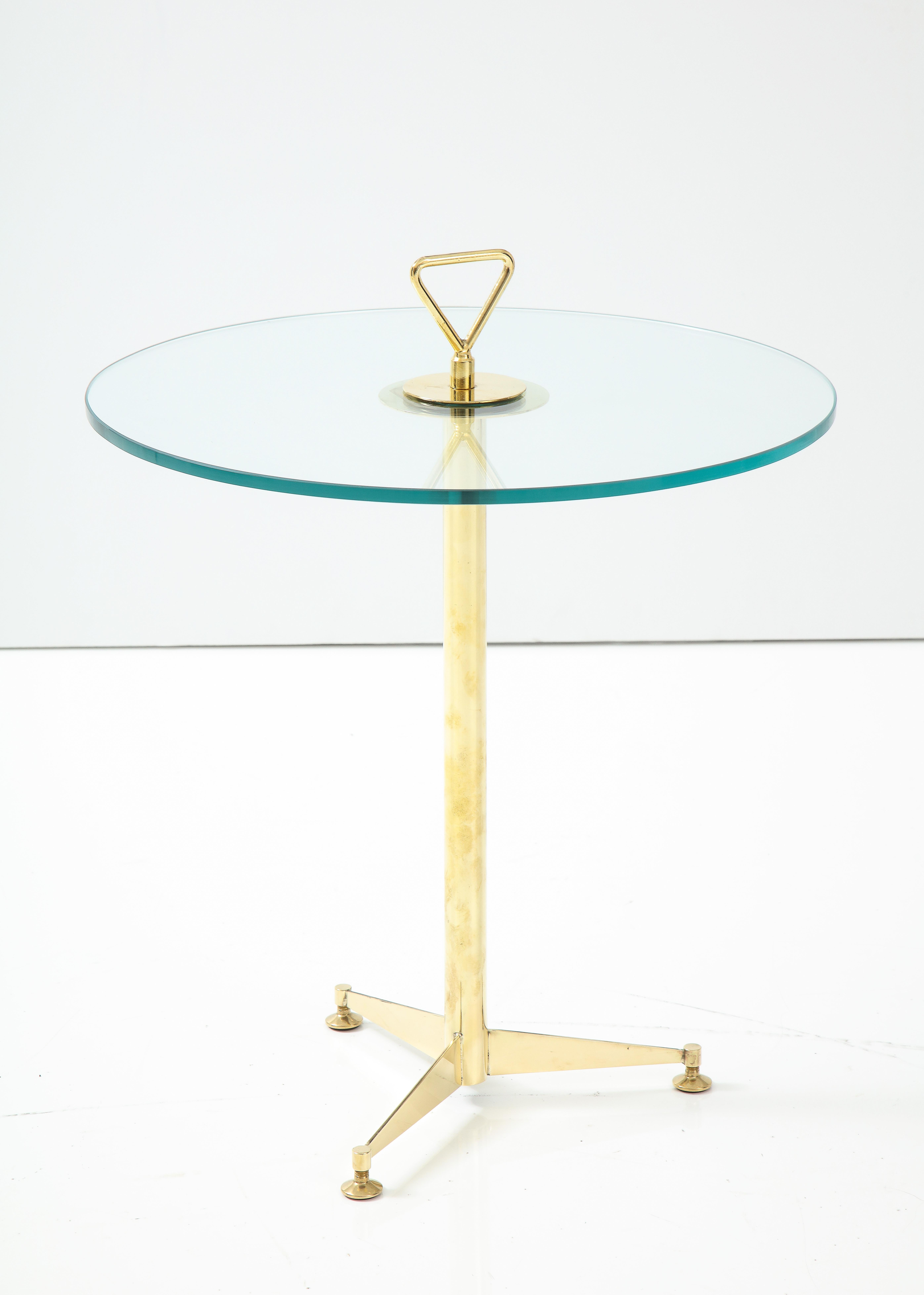 Pair of Solid Brass and Clear Glass Tripod Martini Side Tables, Italy 4