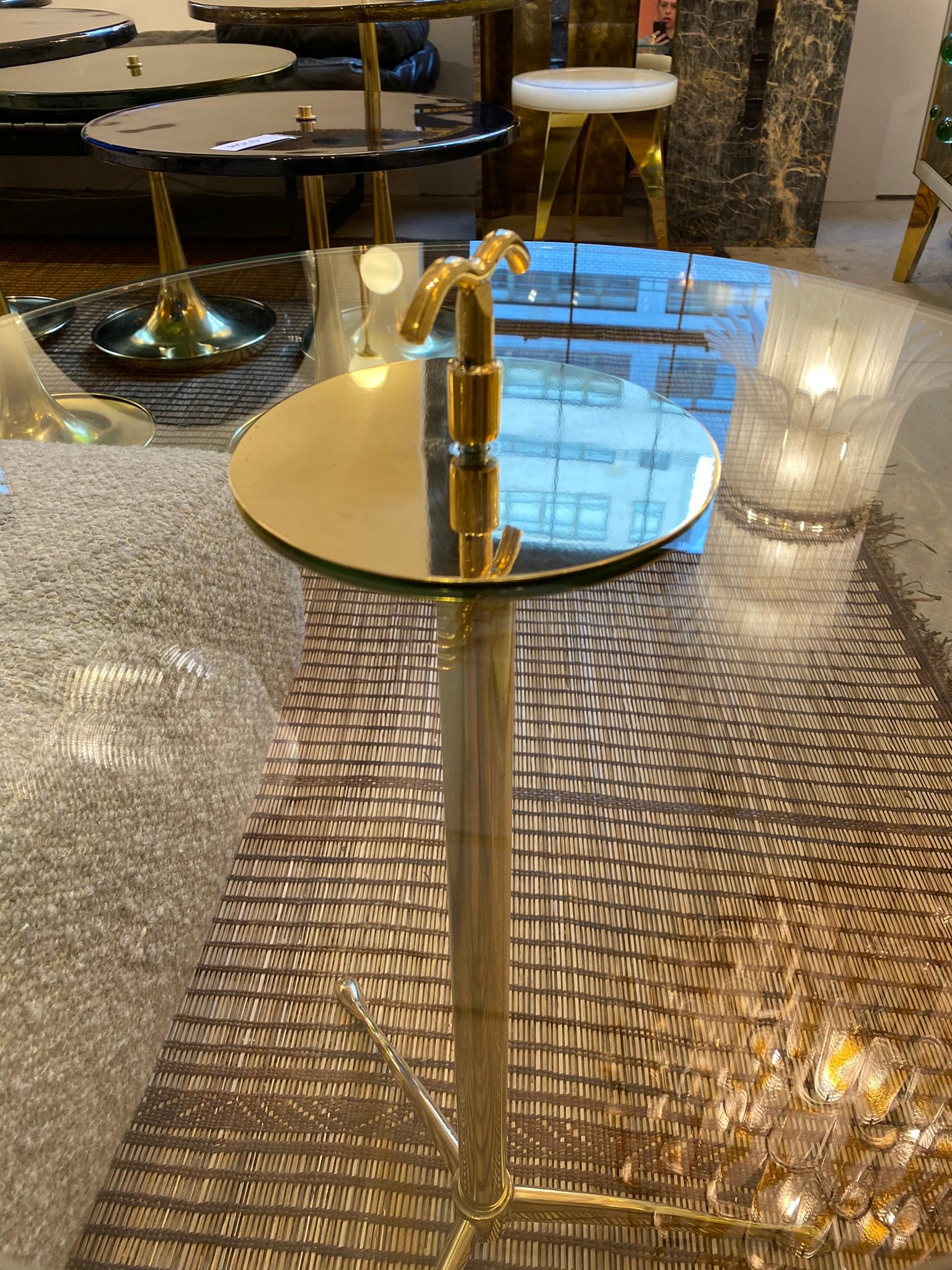 Pair of Solid Brass and Clear Glass Tripod Martini Drinks Side Tables, Italy 2