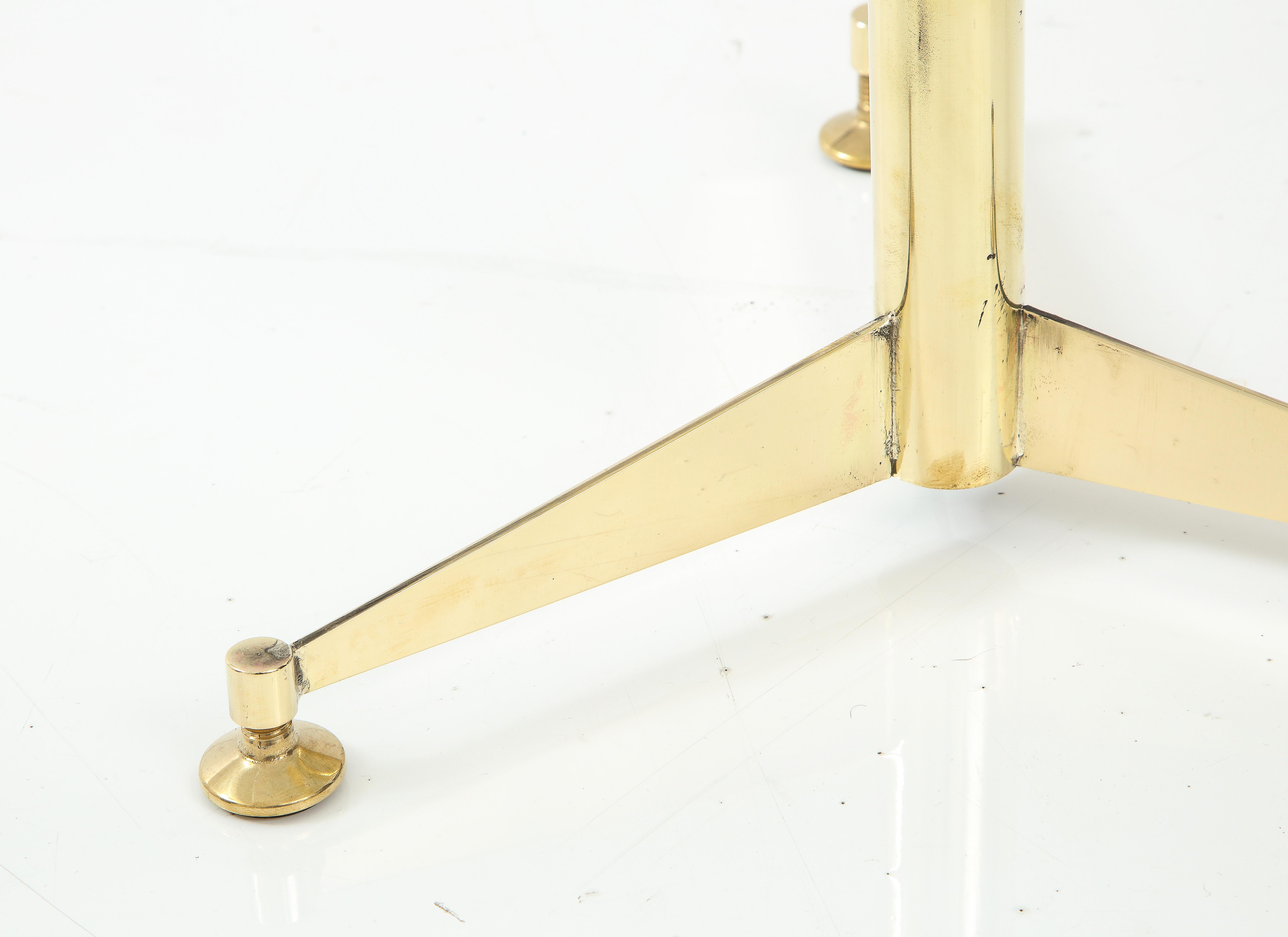 Hand-Crafted Pair of Solid Brass and Clear Glass Tripod Martini Side Tables, Italy