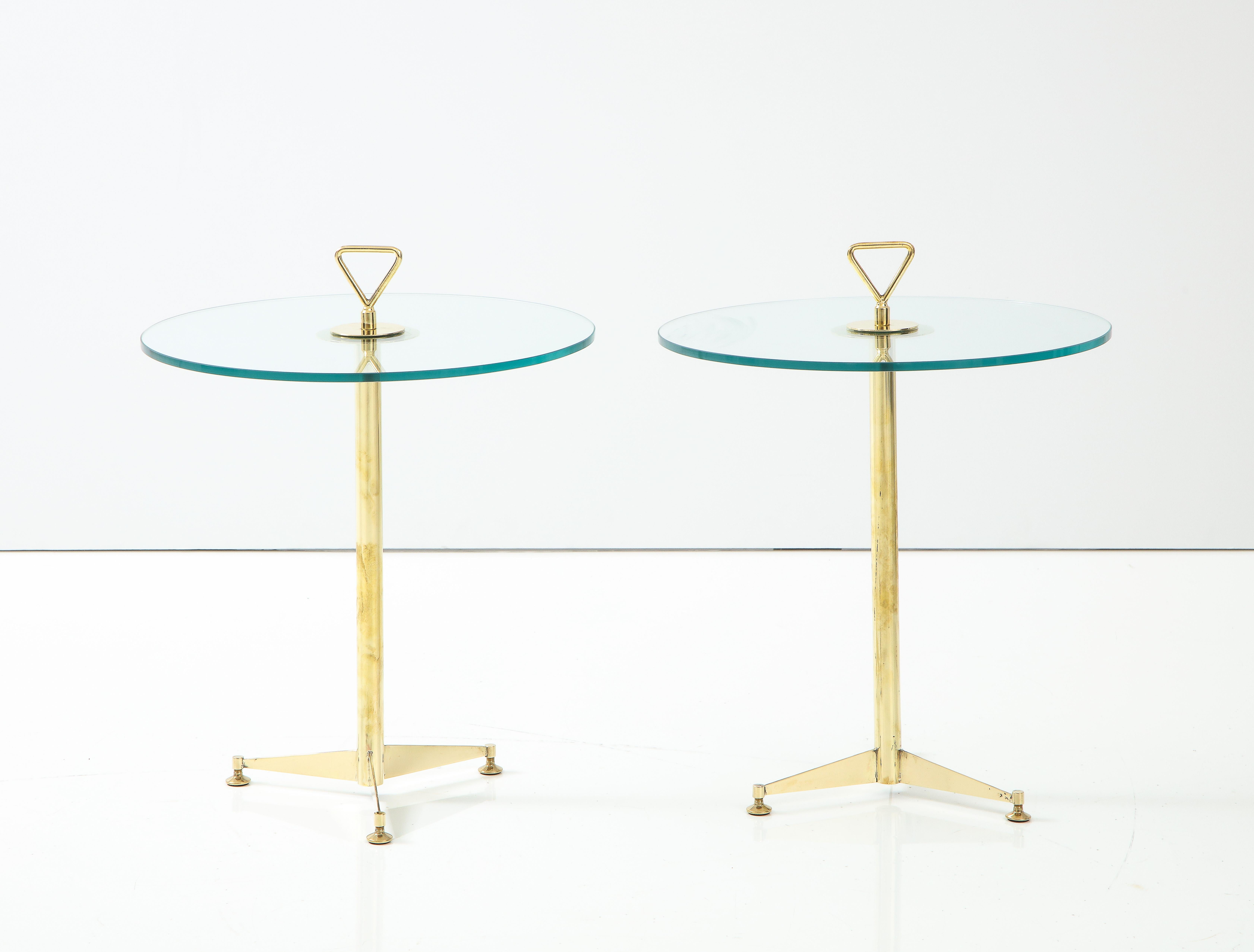 Pair of Solid Brass and Clear Glass Tripod Martini Side Tables, Italy In New Condition In New York, NY
