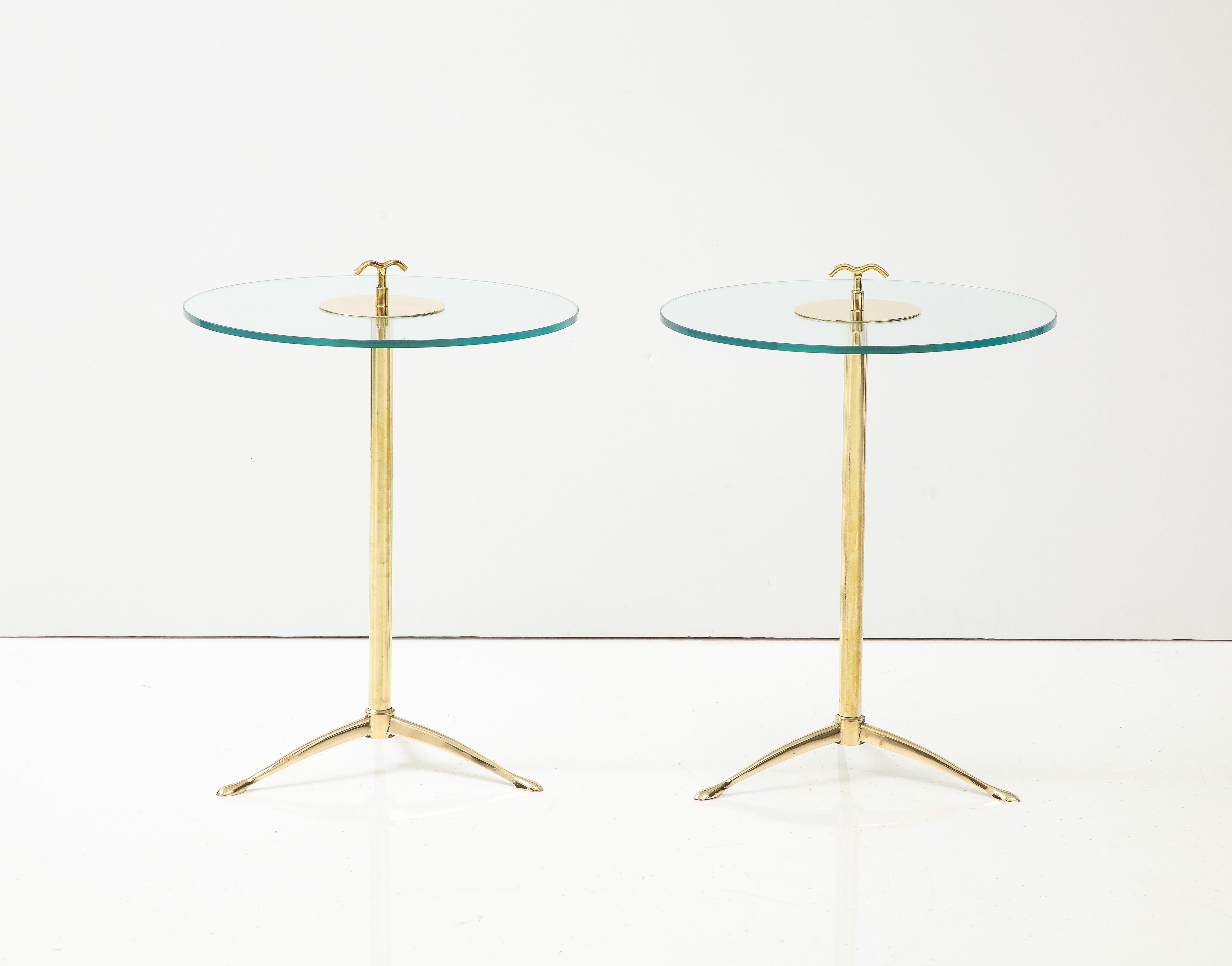 Italian Pair of Solid Brass and Clear Glass Tripod Martini Drinks Side Tables, Italy