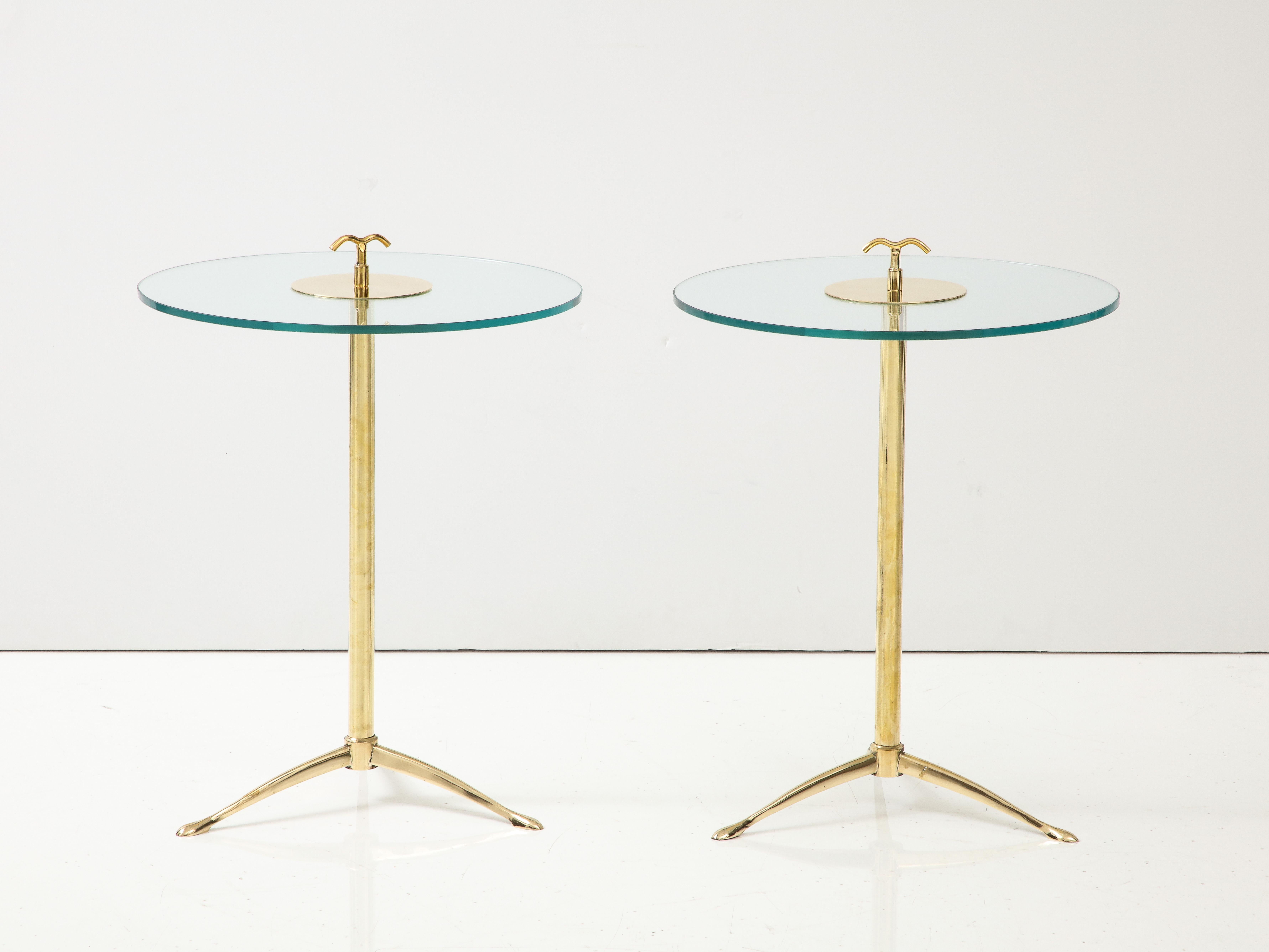 Hand-Crafted Pair of Solid Brass and Clear Glass Tripod Martini Drinks Side Tables, Italy