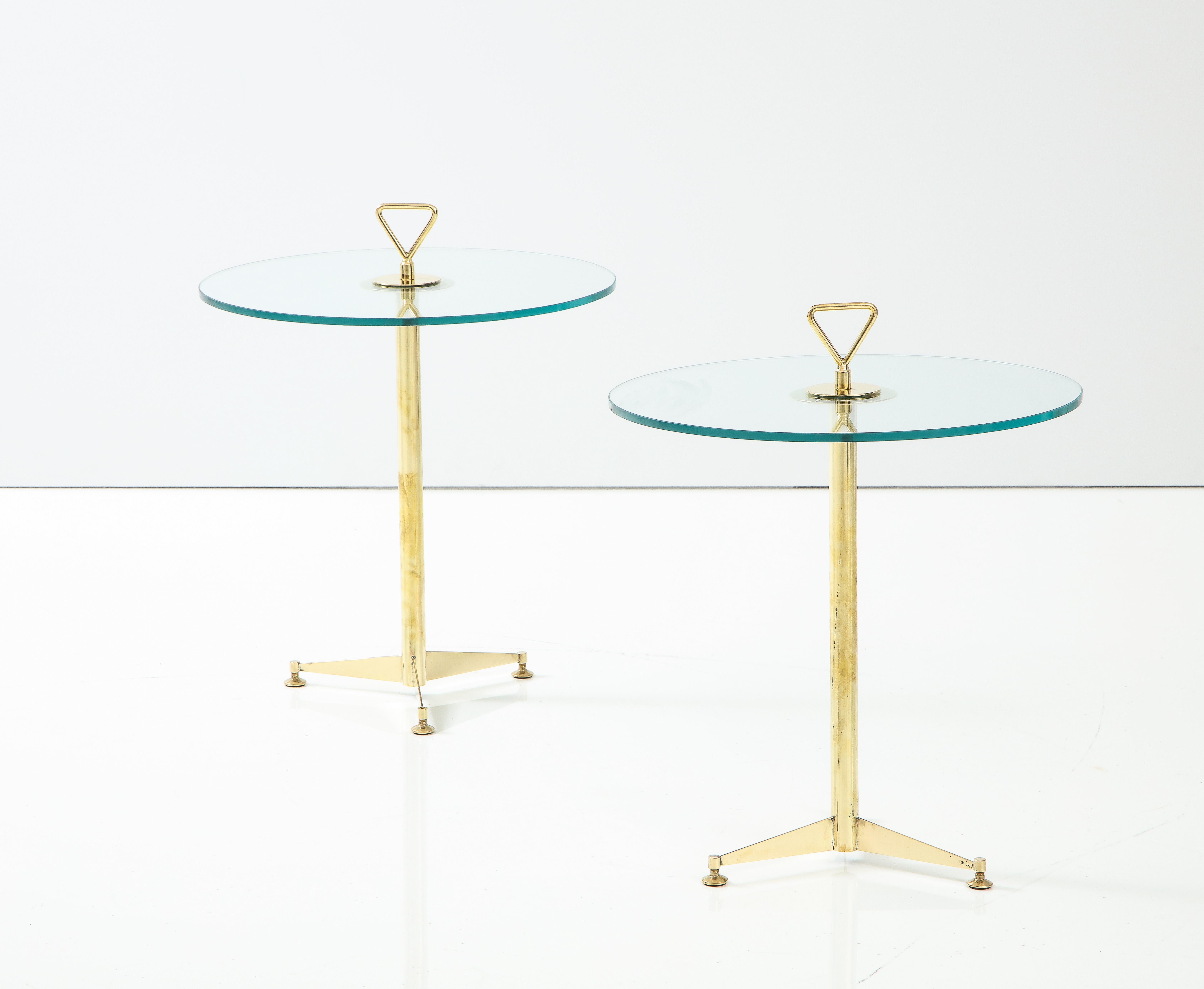 Bronze Pair of Solid Brass and Clear Glass Tripod Martini Side Tables, Italy