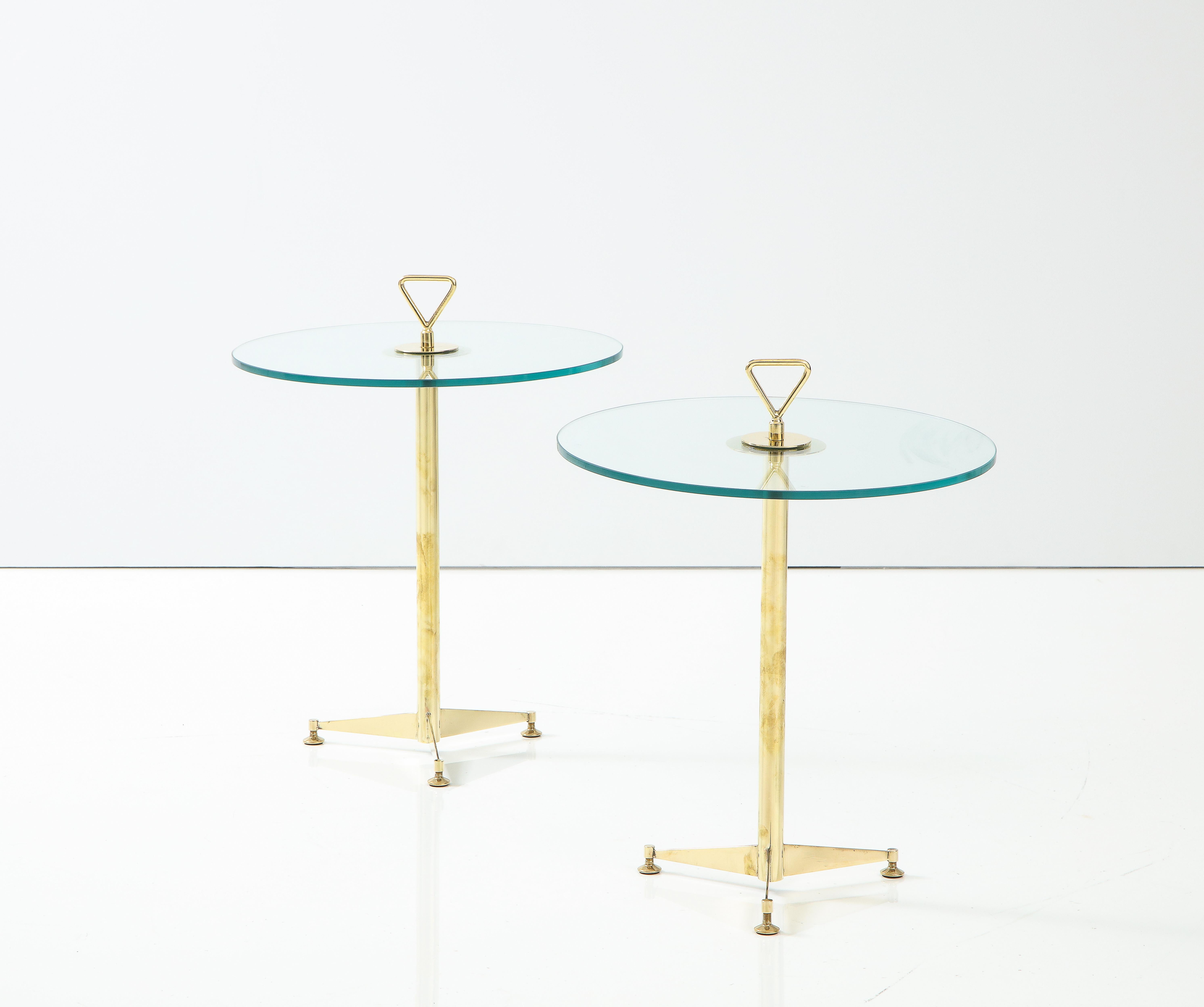 Pair of Solid Brass and Clear Glass Tripod Martini Side Tables, Italy 1