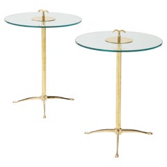 Pair of Solid Brass and Clear Glass Tripod Martini Drinks Side Tables, Italy
