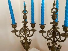 Pair of solid brass and marble candelabra, 4 Flames, 1950s
