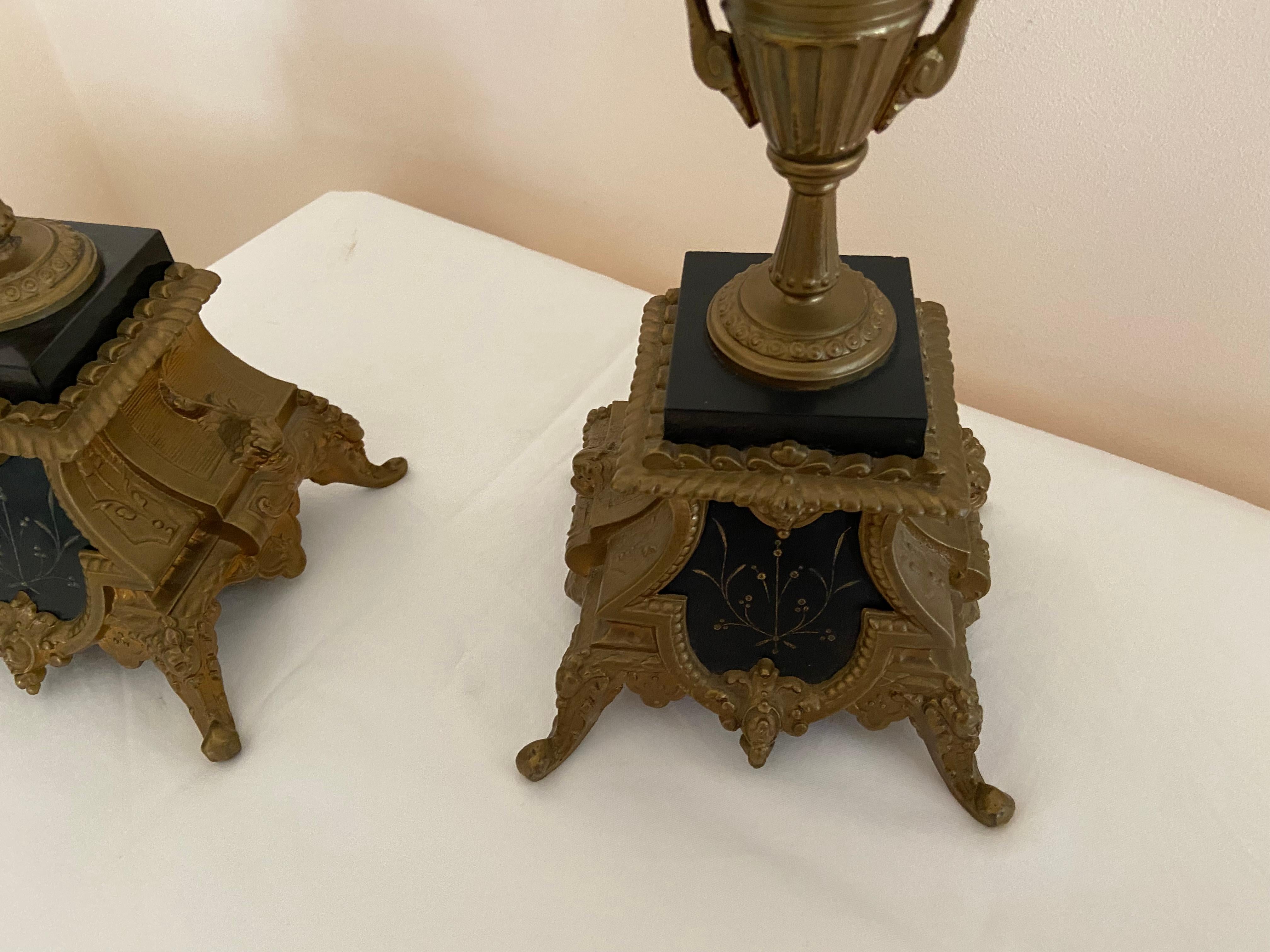 Post-War Pair of solid brass and marble candelabra, 4 Flames, 1950s For Sale