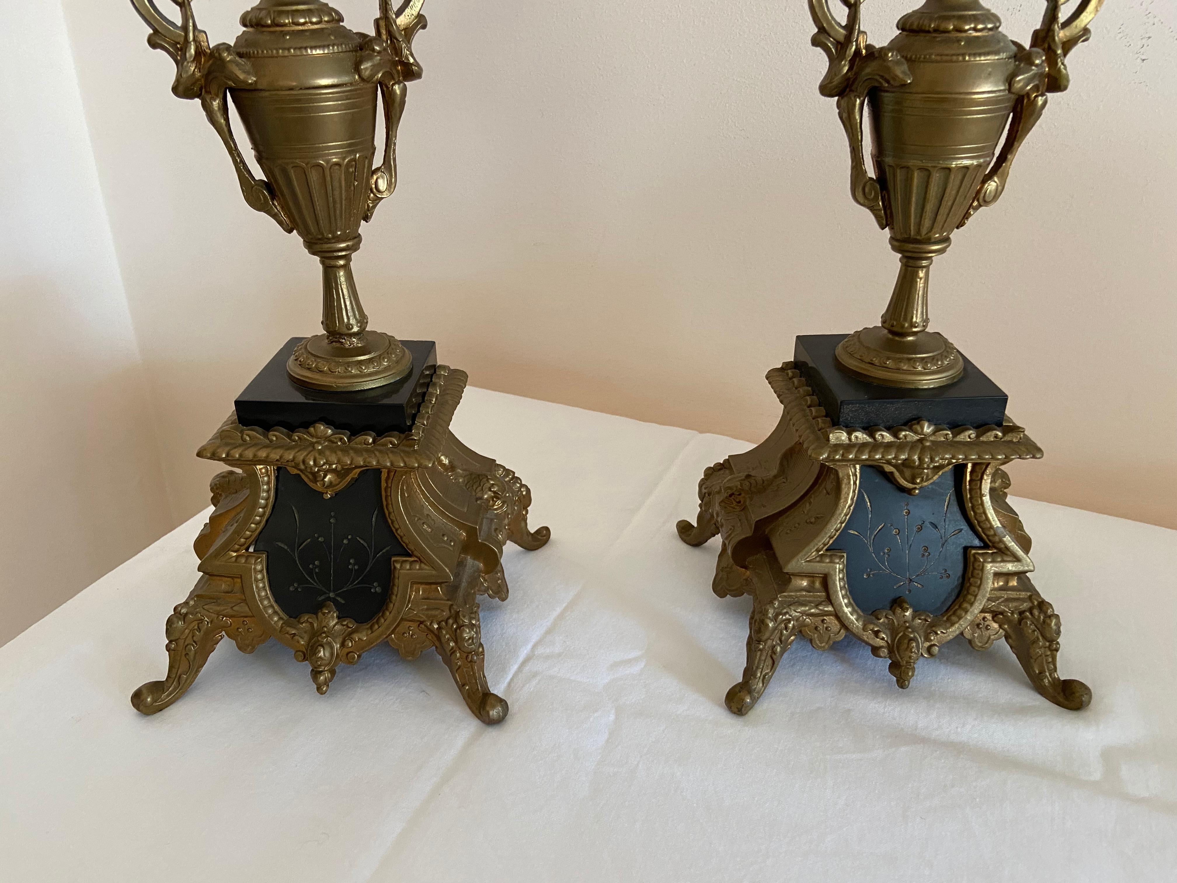 Pair of solid brass and marble candelabra, 4 Flames, 1950s For Sale 1