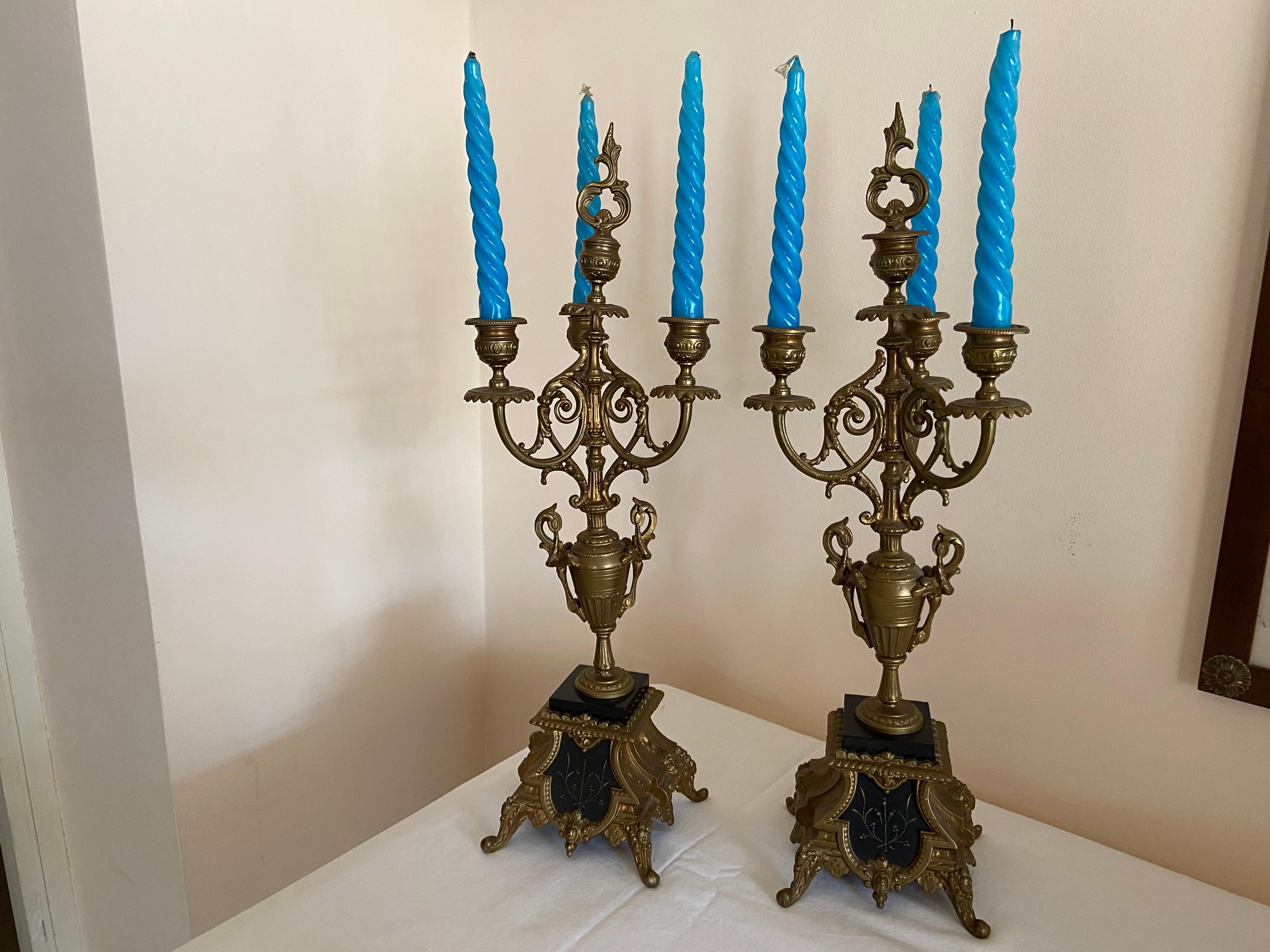 Pair of solid brass and marble candelabra, 4 Flames, 1950s For Sale 2