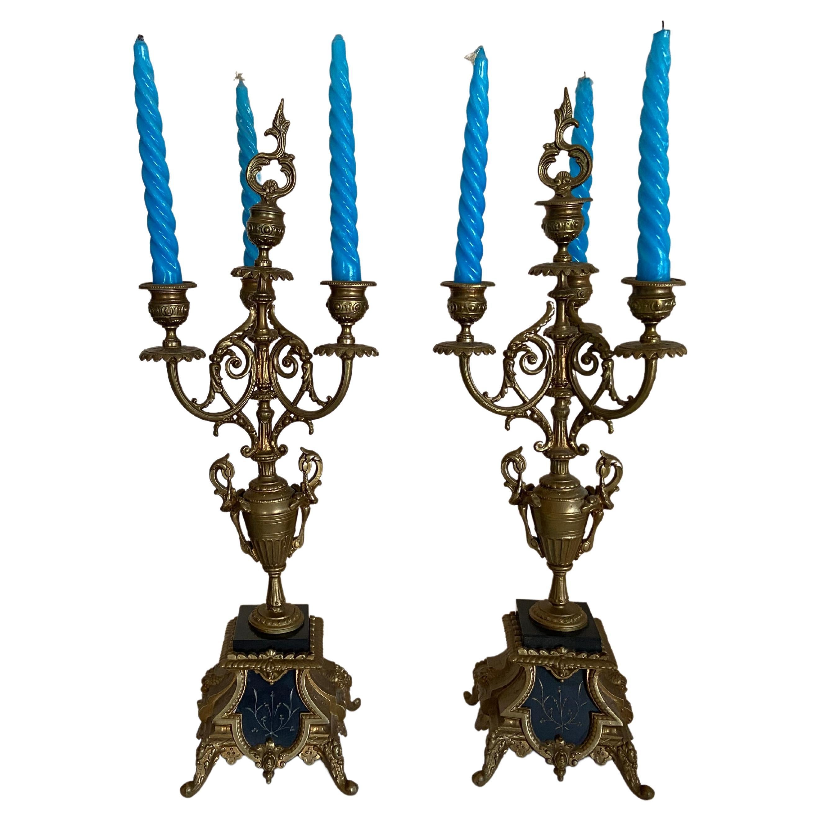 Pair of solid brass and marble candelabra, 4 Flames, 1950s For Sale