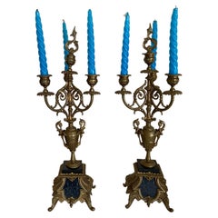 Pair of solid brass and marble candelabra, 4 Flames, 1950s