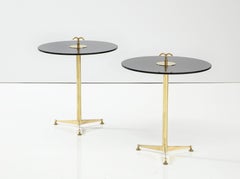 Pair of Solid Brass and Smoked Bronze Glass Tripod Martini Side Tables, Italy