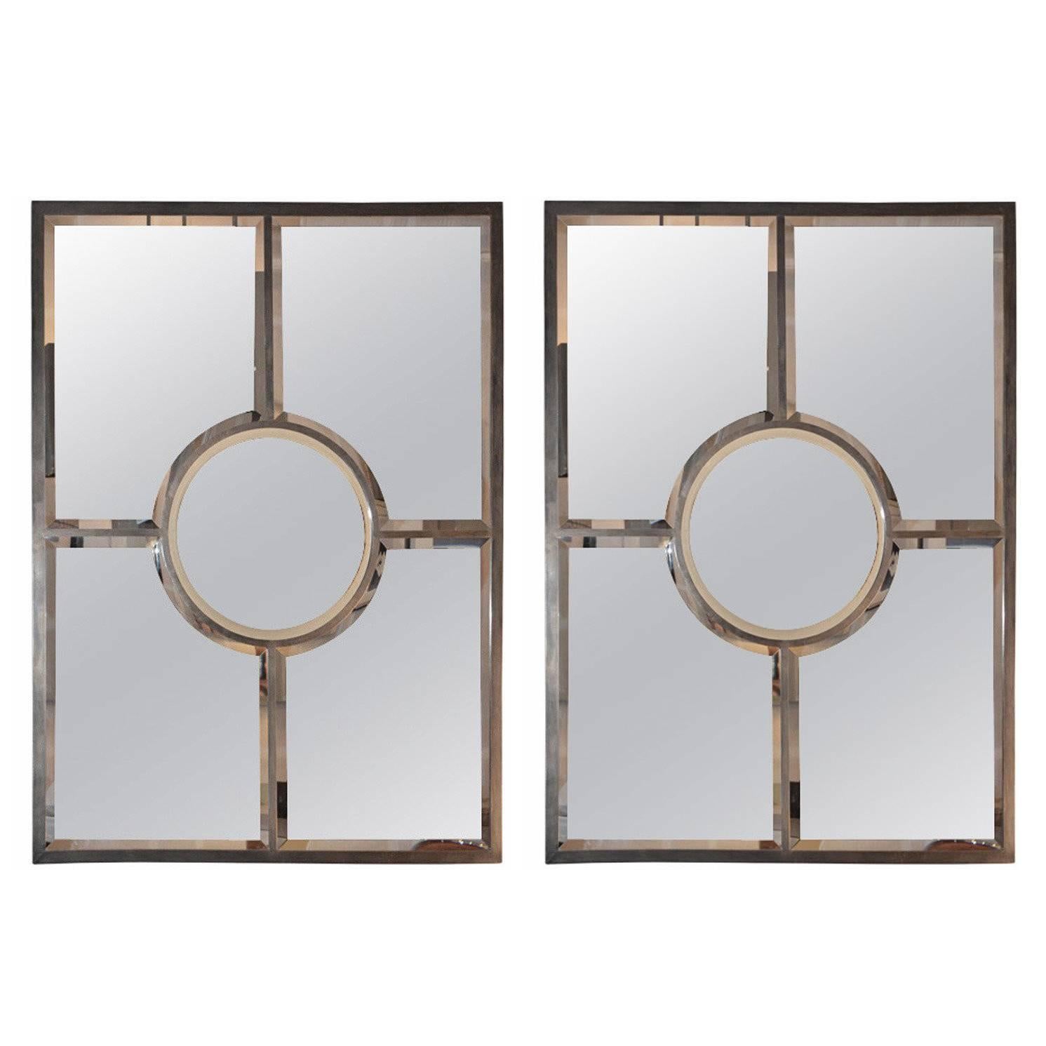 Pair of Solid Brass Beveled 'Quadrature' Mirrors by Design Frères For Sale
