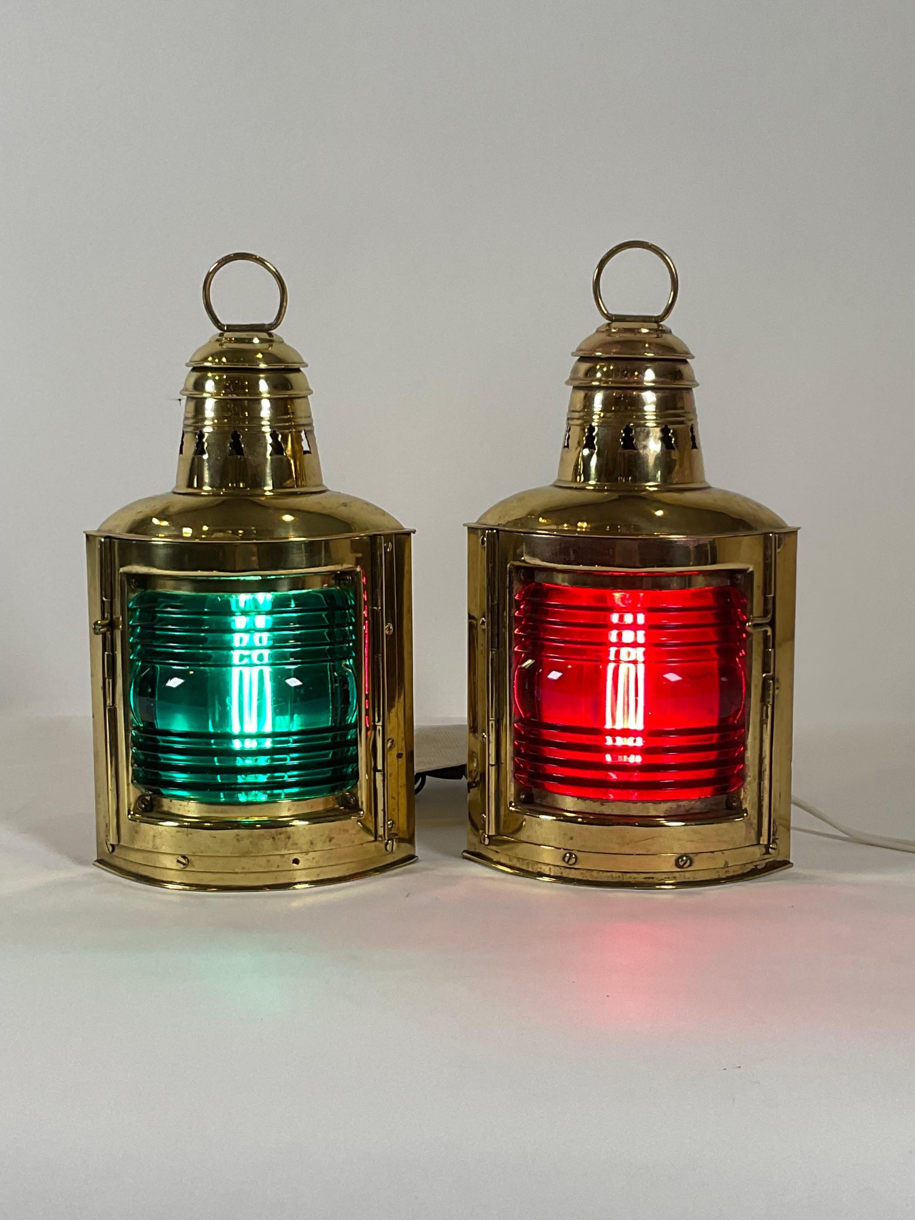 North American Pair of Solid Brass Boat Lanterns by Perko For Sale