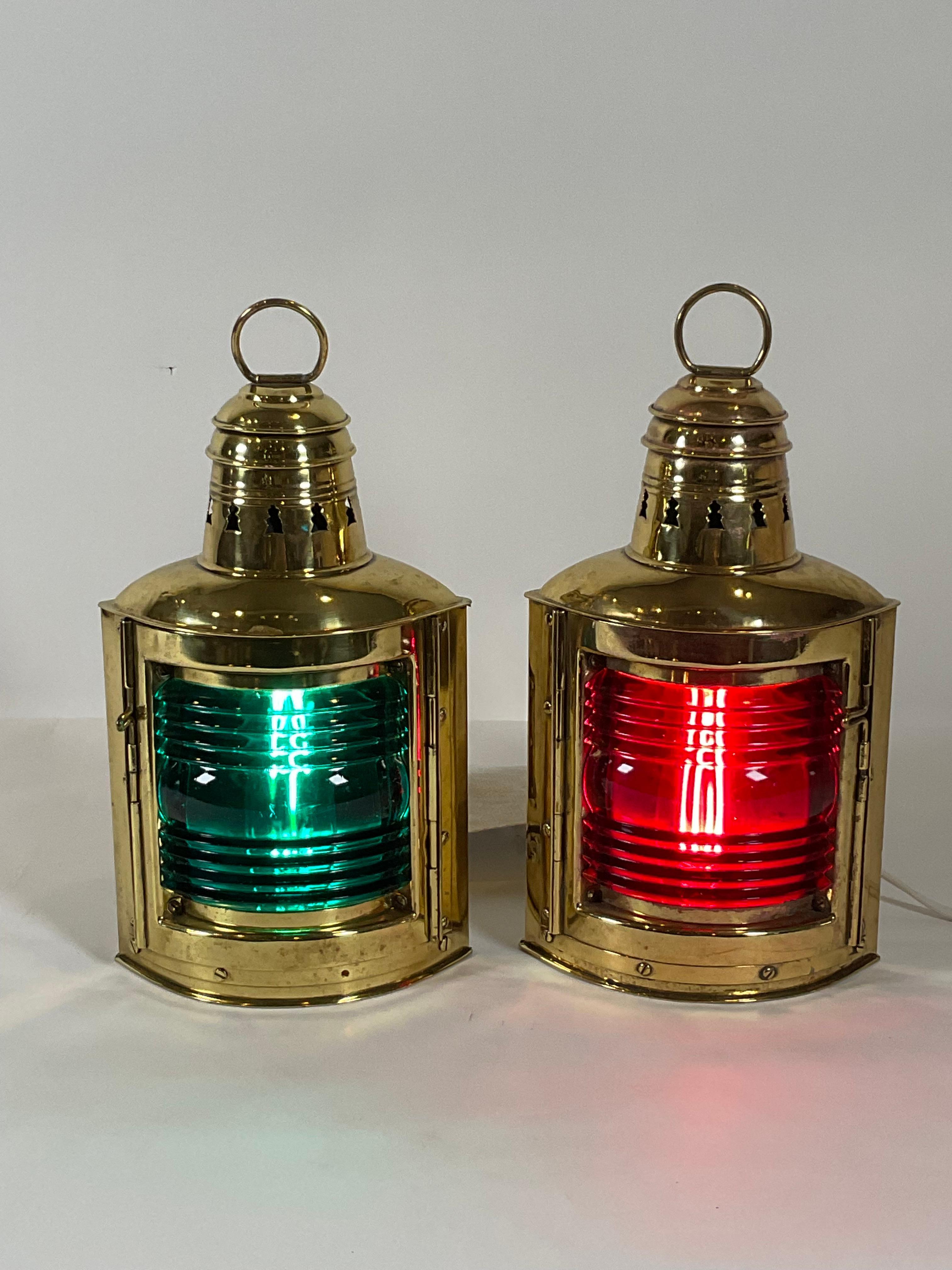 Pair of Solid Brass Boat Lanterns by Perko In Good Condition For Sale In Norwell, MA