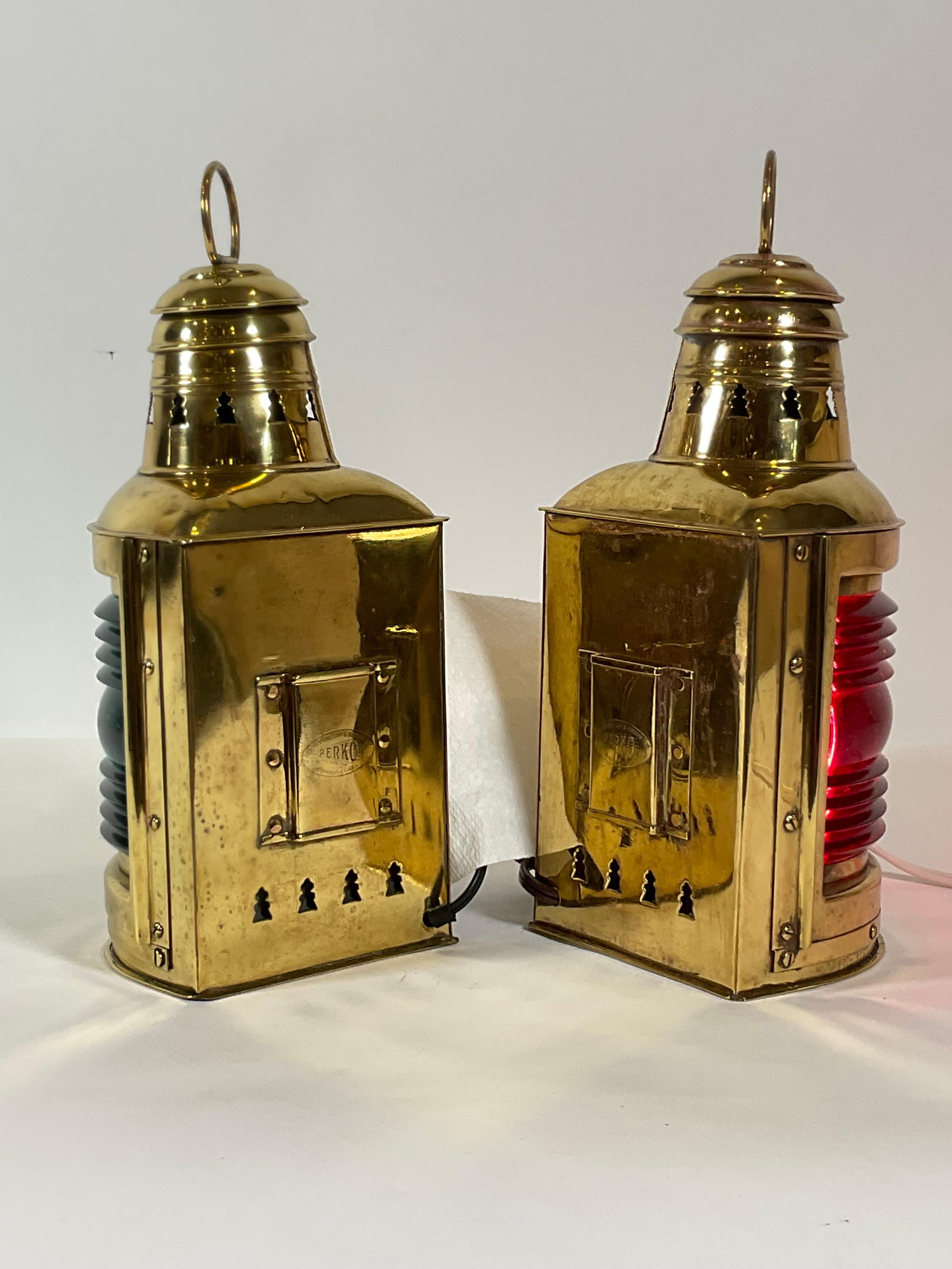 Mid-20th Century Pair of Solid Brass Boat Lanterns by Perko For Sale