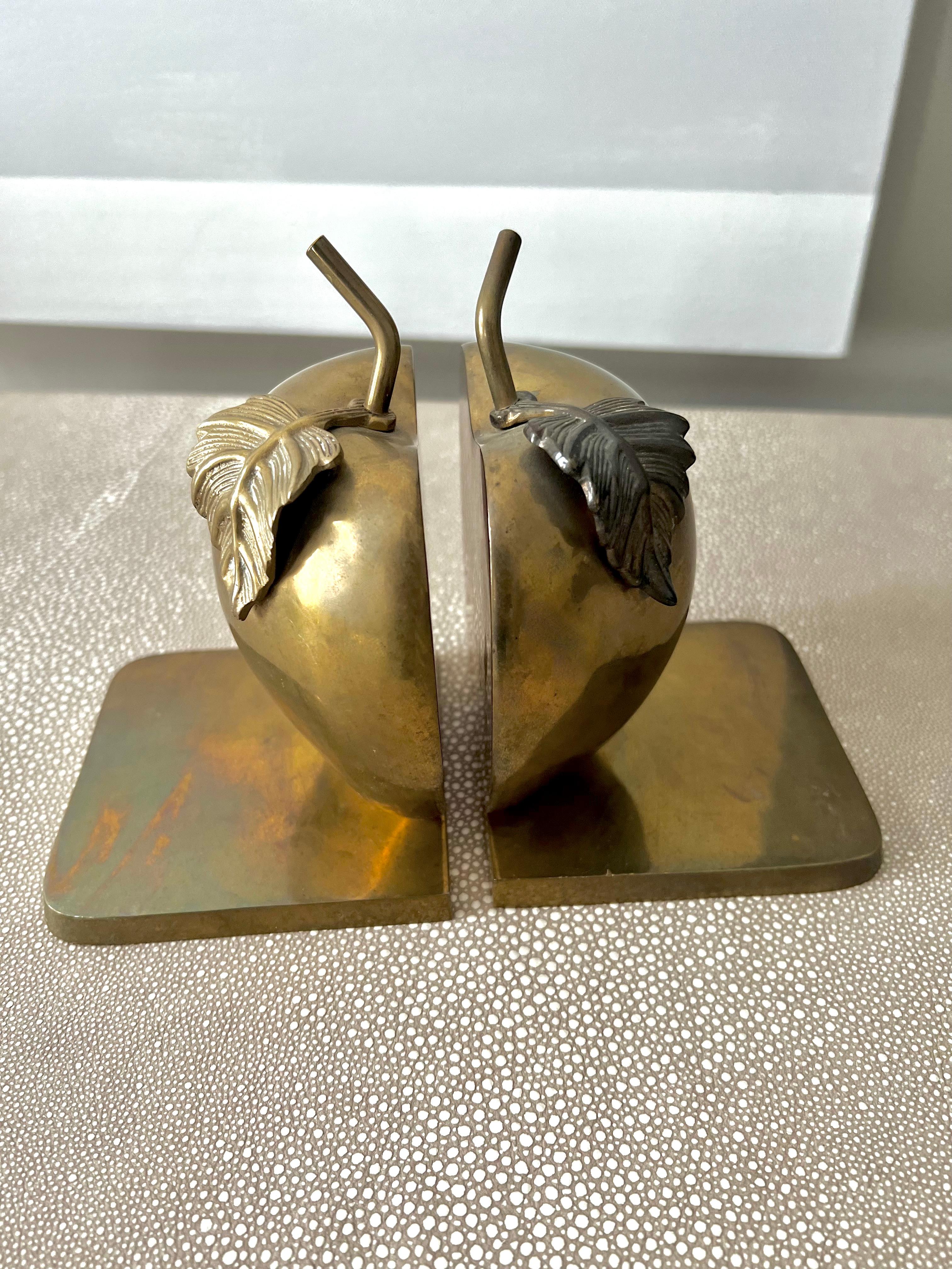 Patinated Pair of Solid Brass Bookends in the Shape of an Apple and Leaves