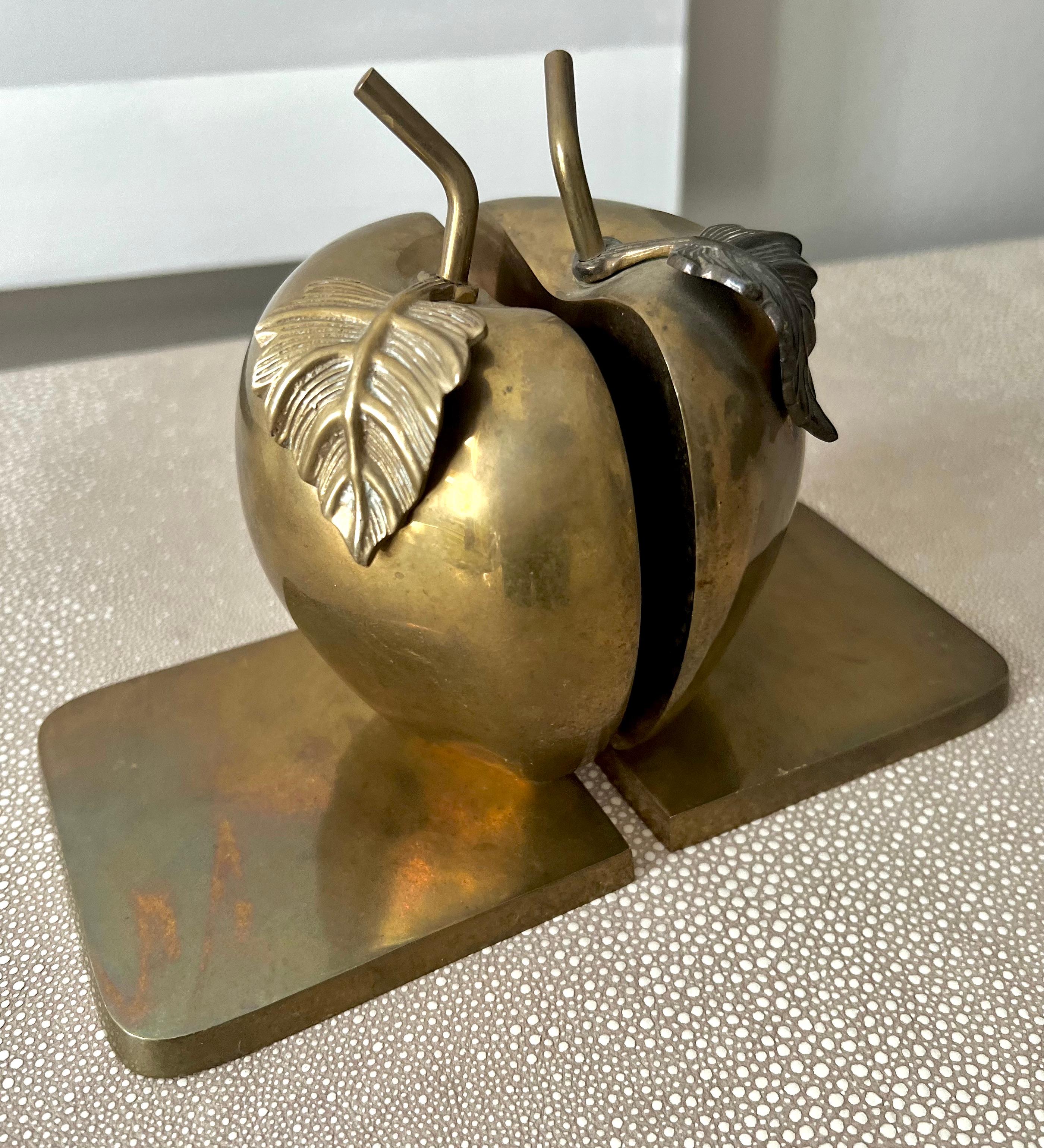 20th Century Pair of Solid Brass Bookends in the Shape of an Apple and Leaves