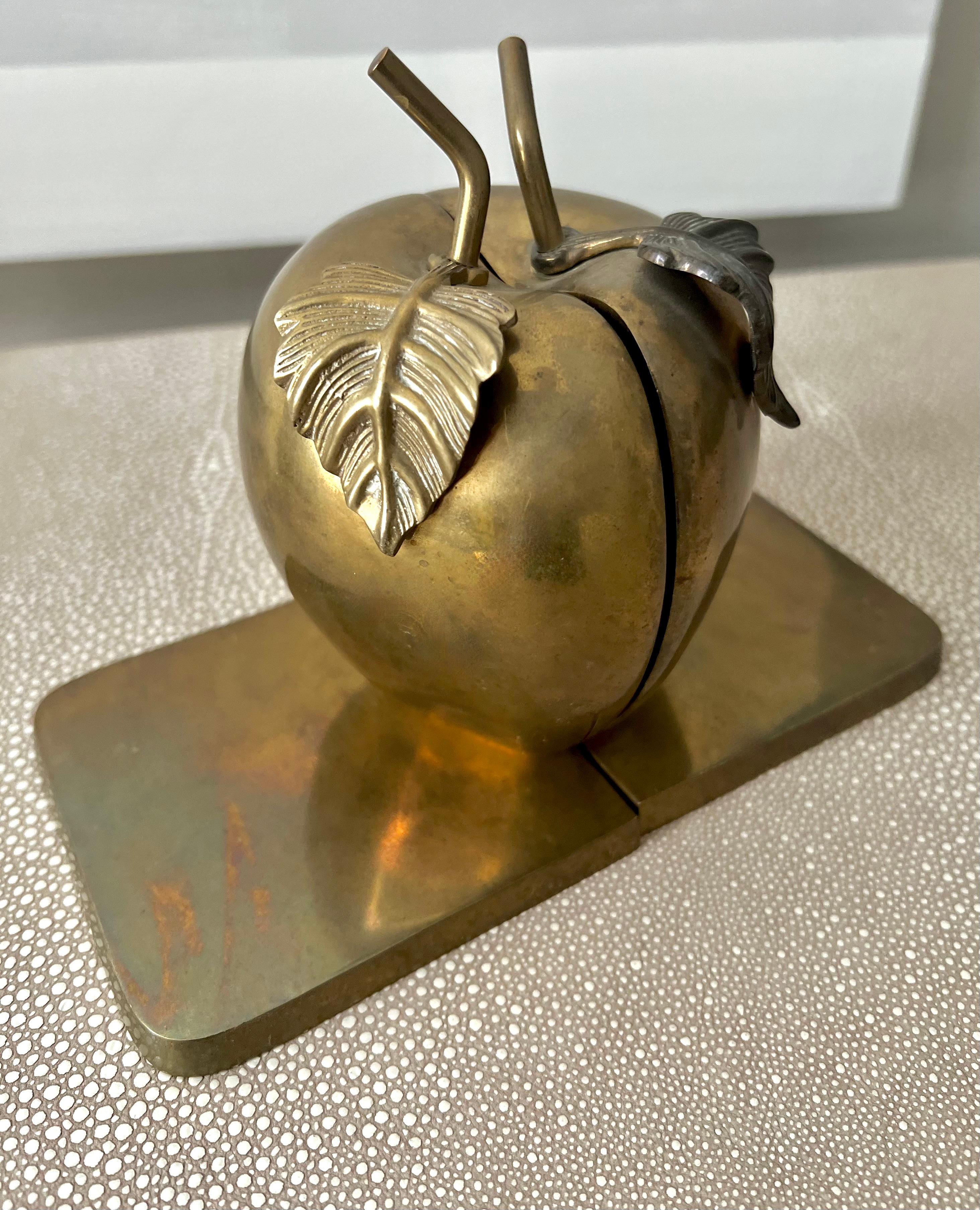 Pair of Solid Brass Bookends in the Shape of an Apple and Leaves 1