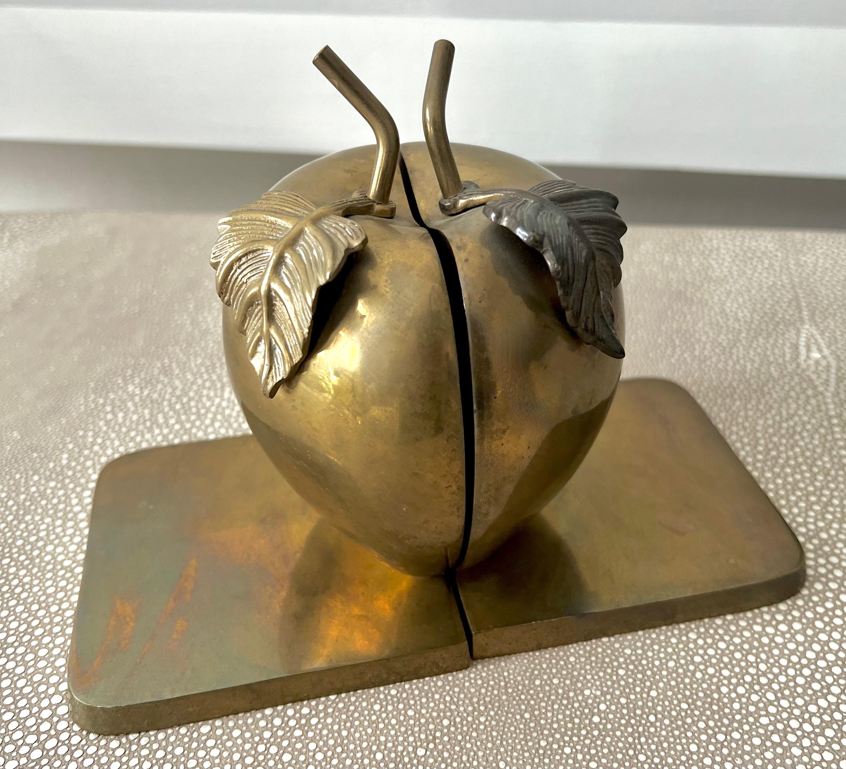 Pair of Solid Brass Bookends in the Shape of an Apple and Leaves 2