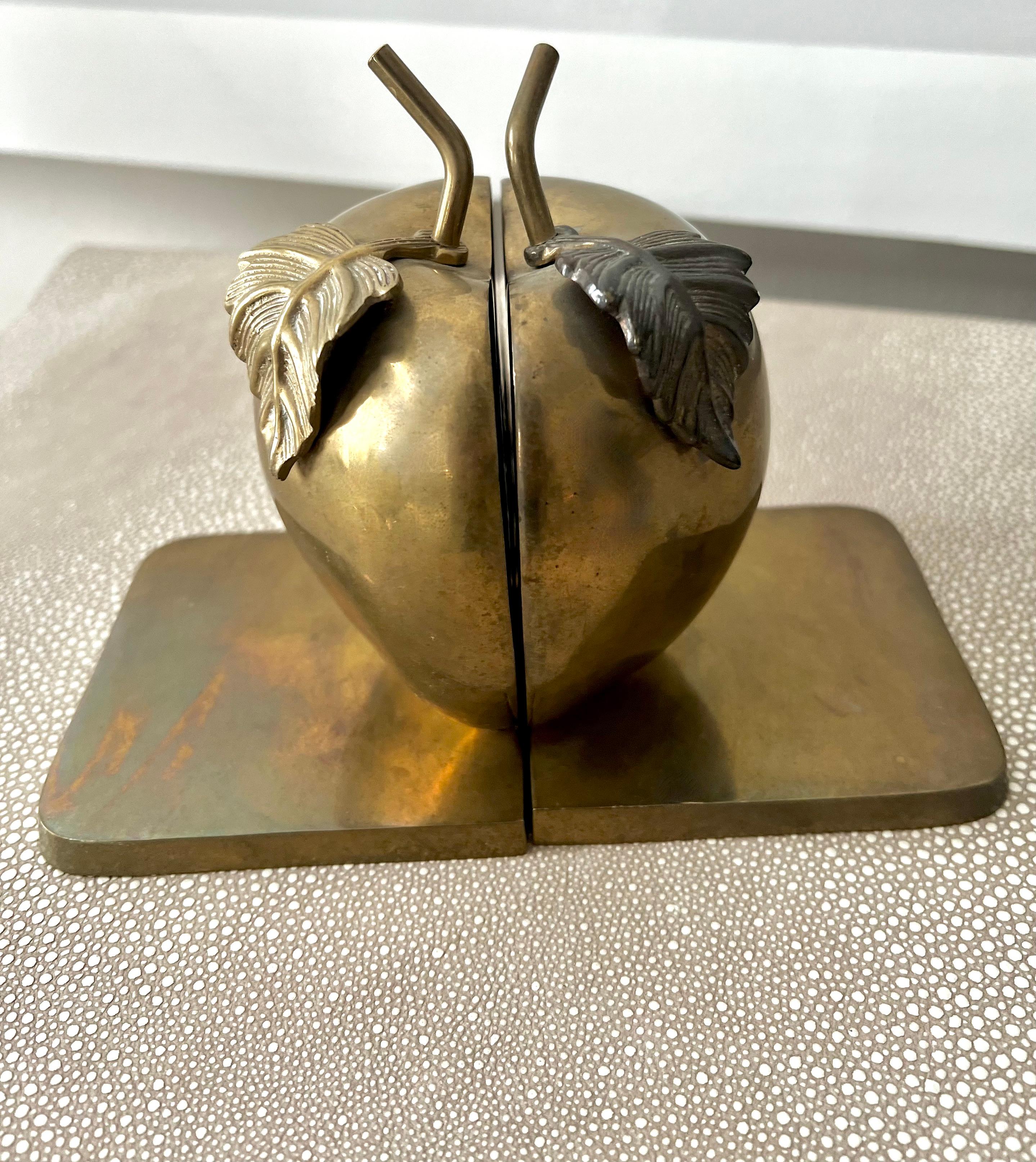 Pair of Solid Brass Bookends in the Shape of an Apple and Leaves 3