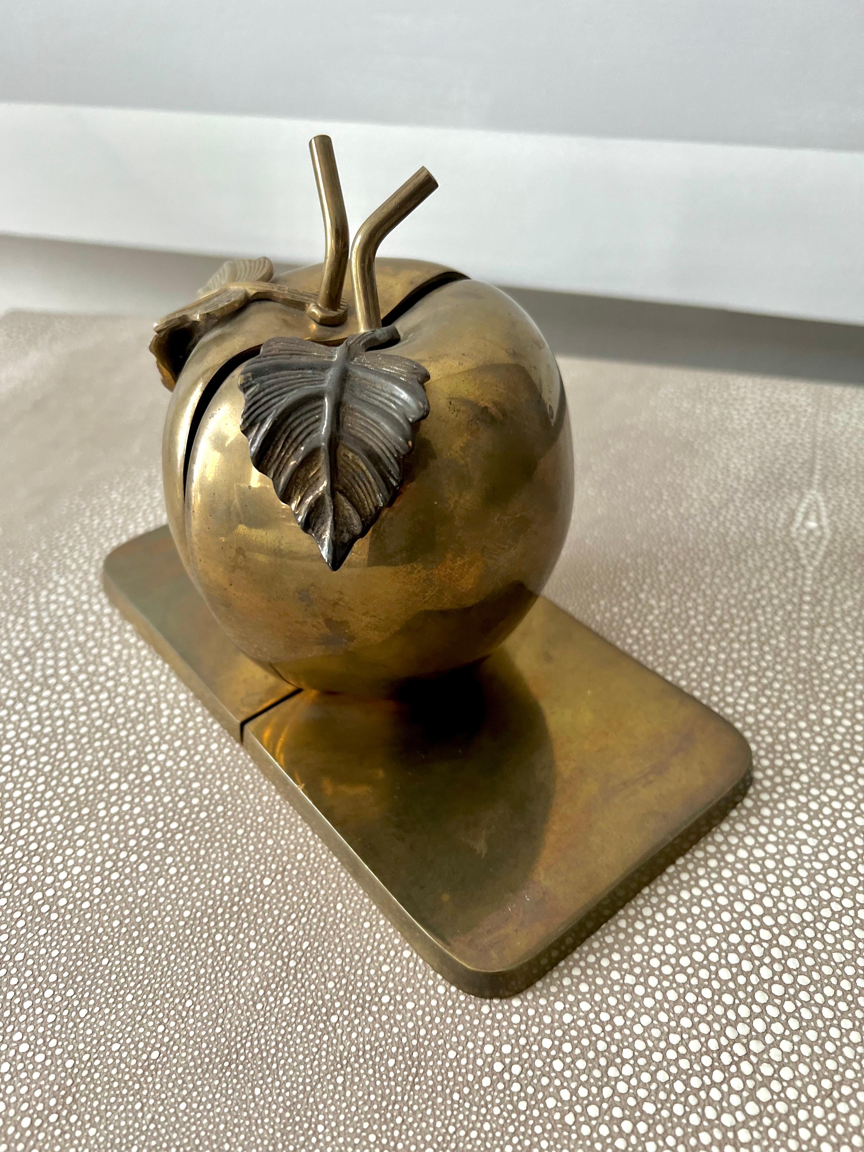 Pair of Solid Brass Bookends in the Shape of an Apple and Leaves 4