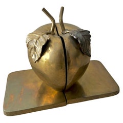 Pair of Solid Brass Bookends in the Shape of an Apple and Leaves