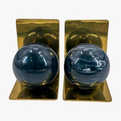 Pair of Solid Brass Bookends with Black Marble Spheres, 1970s