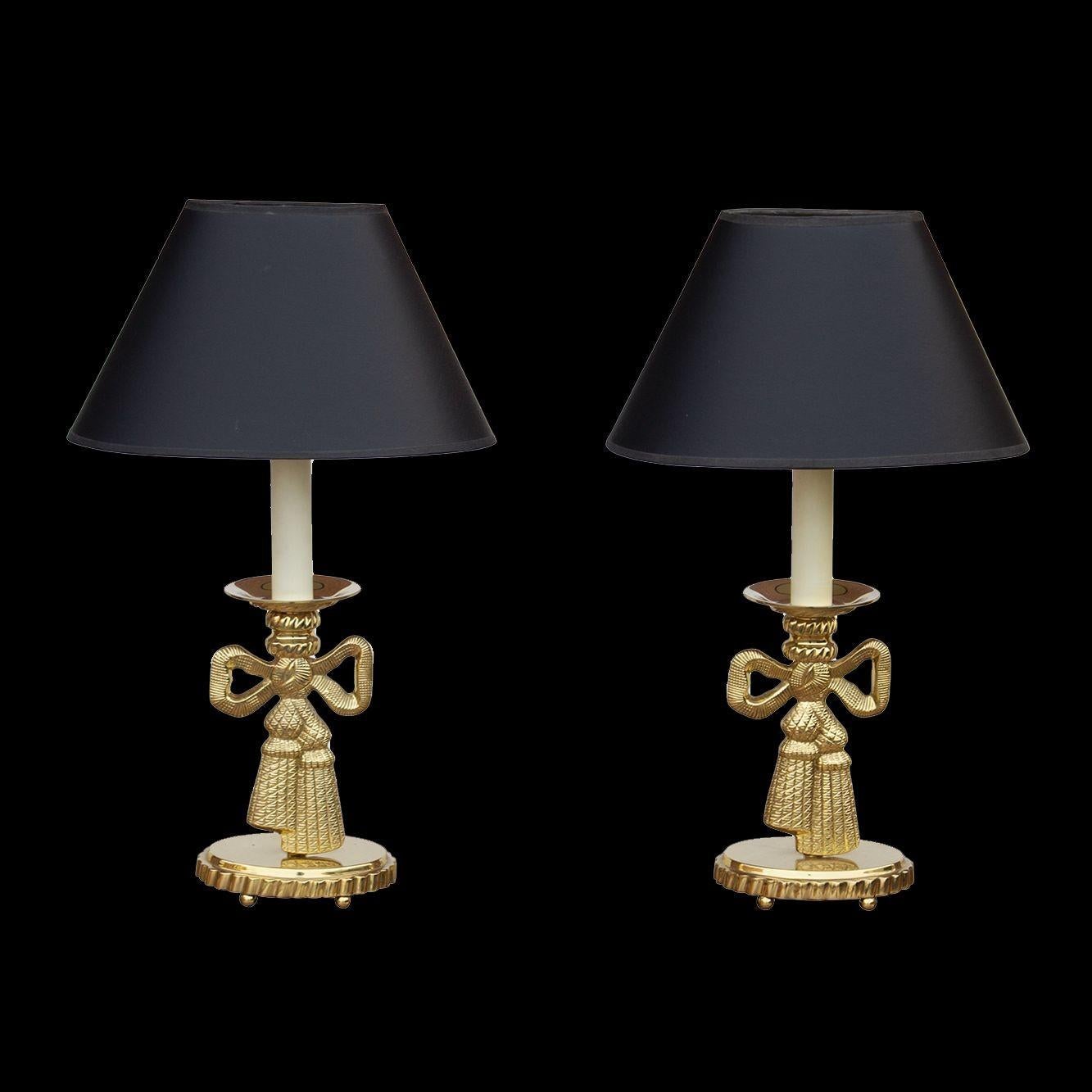 Pair of Solid Brass Candlestick Table Lamps with Bow Detail 4