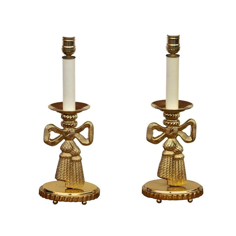 Pair of Solid Brass Candlestick Table Lamps with Bow Detail For Sale at
