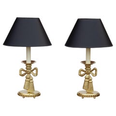 Vintage Pair of Solid Brass Candlestick Table Lamps with Bow Detail