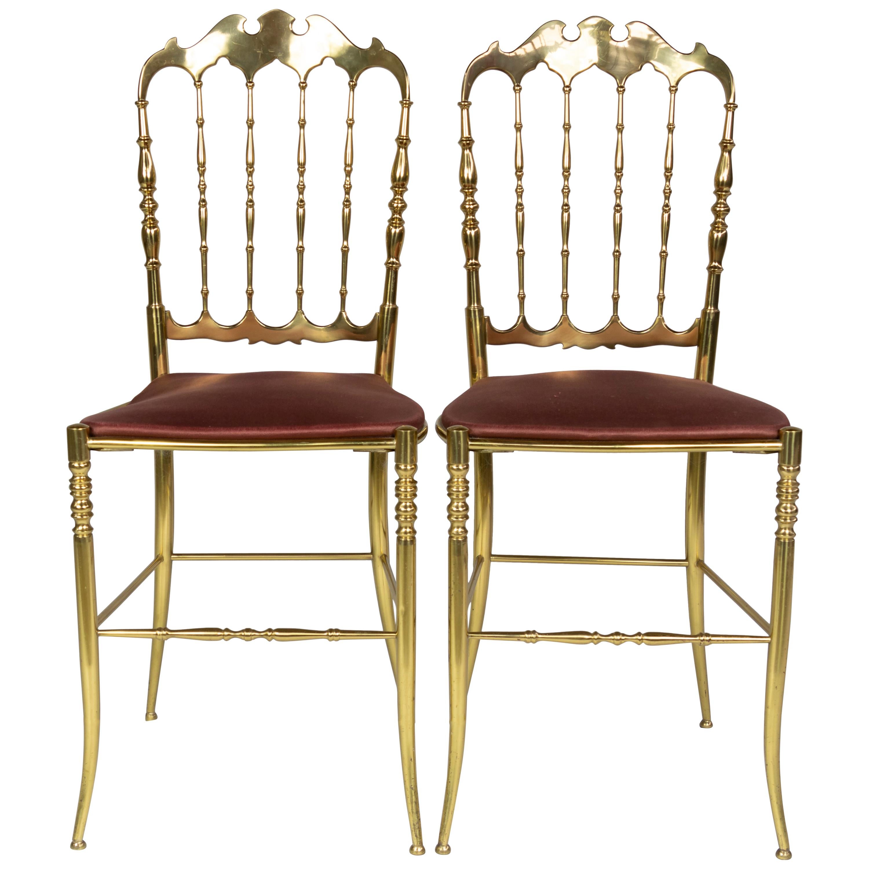 Pair of Solid Brass Chiavari Chairs, Hollywood Regency, Italy, 1960s For Sale