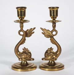 Pair of Solid Brass Dolphin Candlesticks in Victorian Style